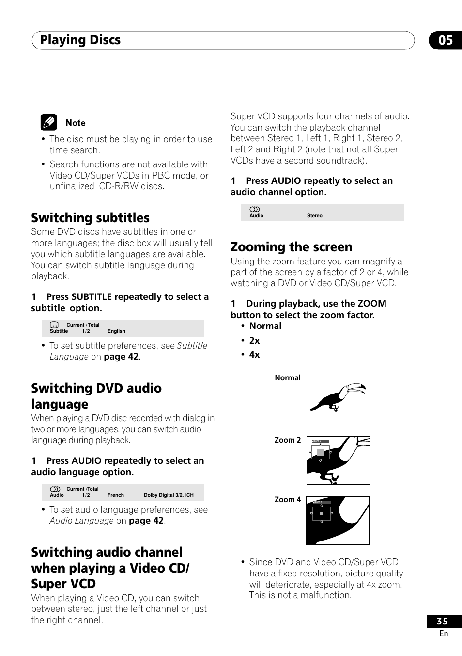 Playing discs 05, Switching subtitles, Switching dvd audio language | Zooming the screen | Pioneer DV-400-S User Manual | Page 35 / 60