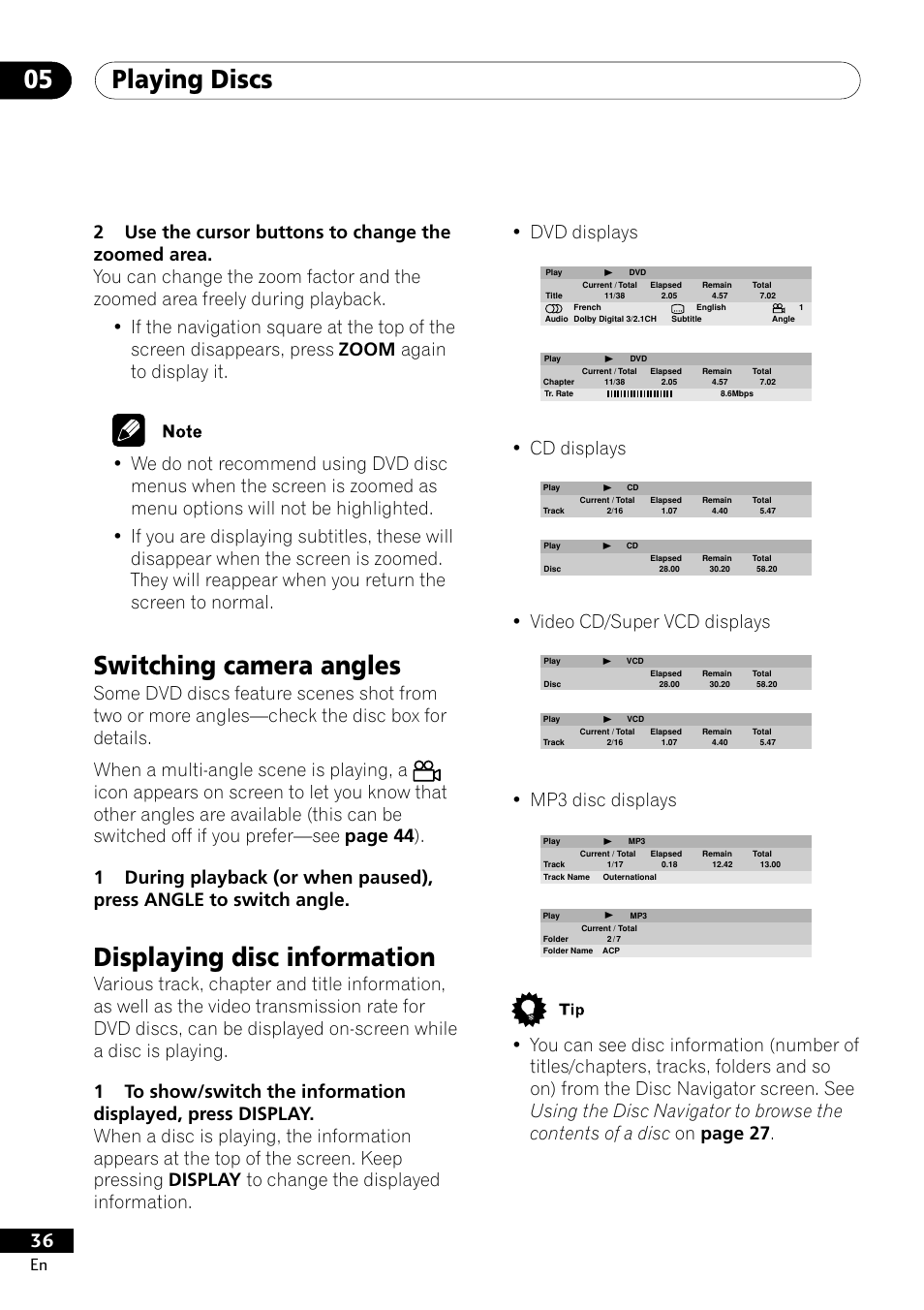 Playing discs 05, Switching camera angles, Displaying disc information | Cd displays, Video cd/super vcd displays, Mp3 disc displays | Pioneer DV-400-S User Manual | Page 36 / 60