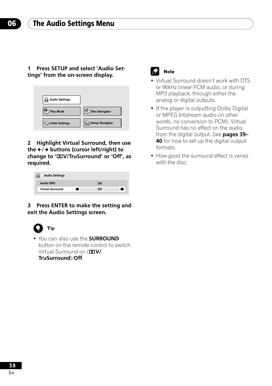 The audio settings menu 06 | Pioneer DV-400-S User Manual | Page 38 / 60