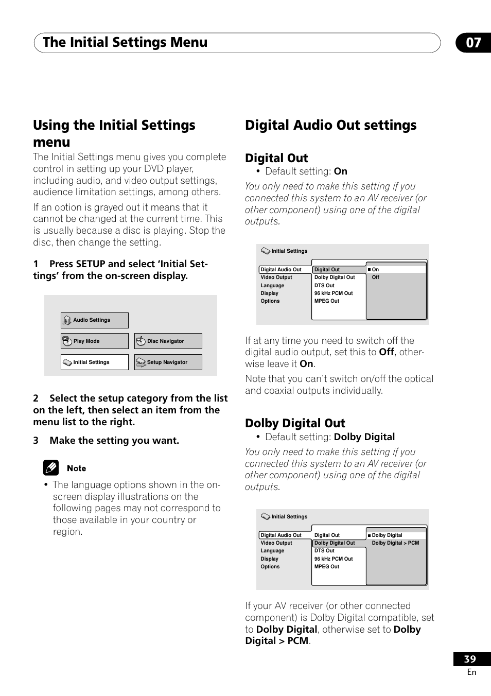 Digital out dolby digital out, The initial settings menu 07, Digital audio out settings | Using the initial settings menu, Digital out, Dolby digital out | Pioneer DV-400-S User Manual | Page 39 / 60
