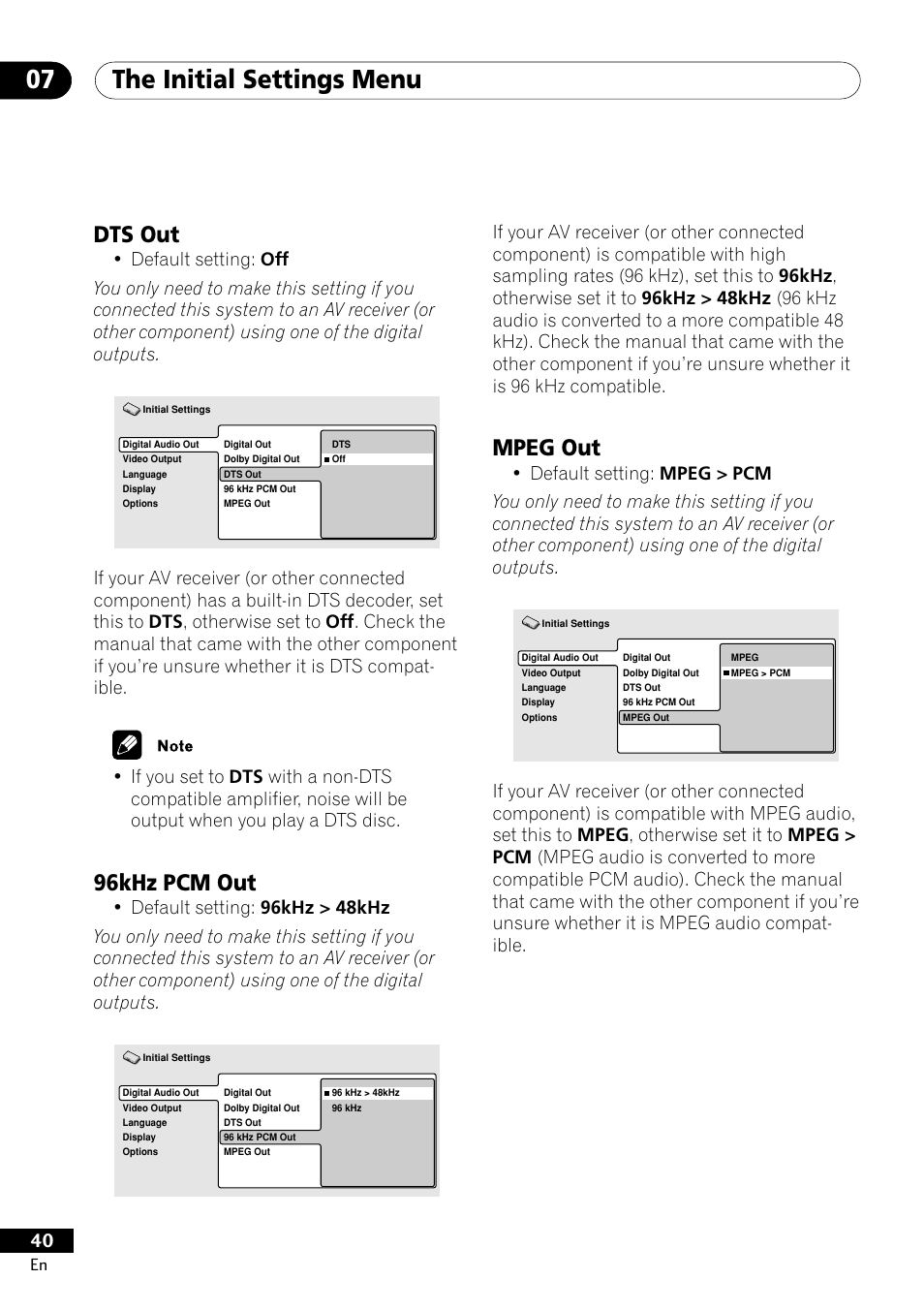 Dts out 96khz pcm out mpeg out, The initial settings menu 07, Mpeg out | Dts out, 96khz pcm out | Pioneer DV-400-S User Manual | Page 40 / 60