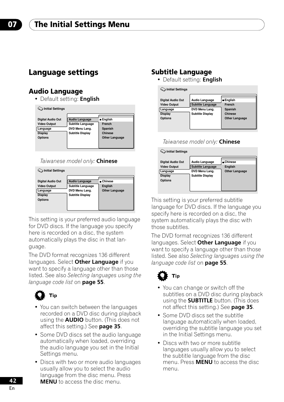 Language settings, Audio language subtitle language, The initial settings menu 07 | Subtitle language, Audio language, Default setting: english, Taiwanese model only: chinese | Pioneer DV-400-S User Manual | Page 42 / 60