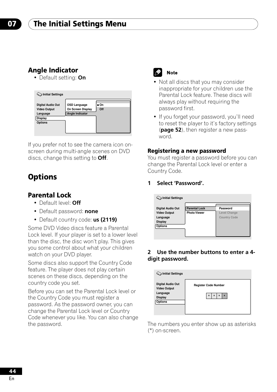 Angle indicator, Options, Parental lock | Registering a new password, The initial settings menu 07, Default setting: on | Pioneer DV-400-S User Manual | Page 44 / 60