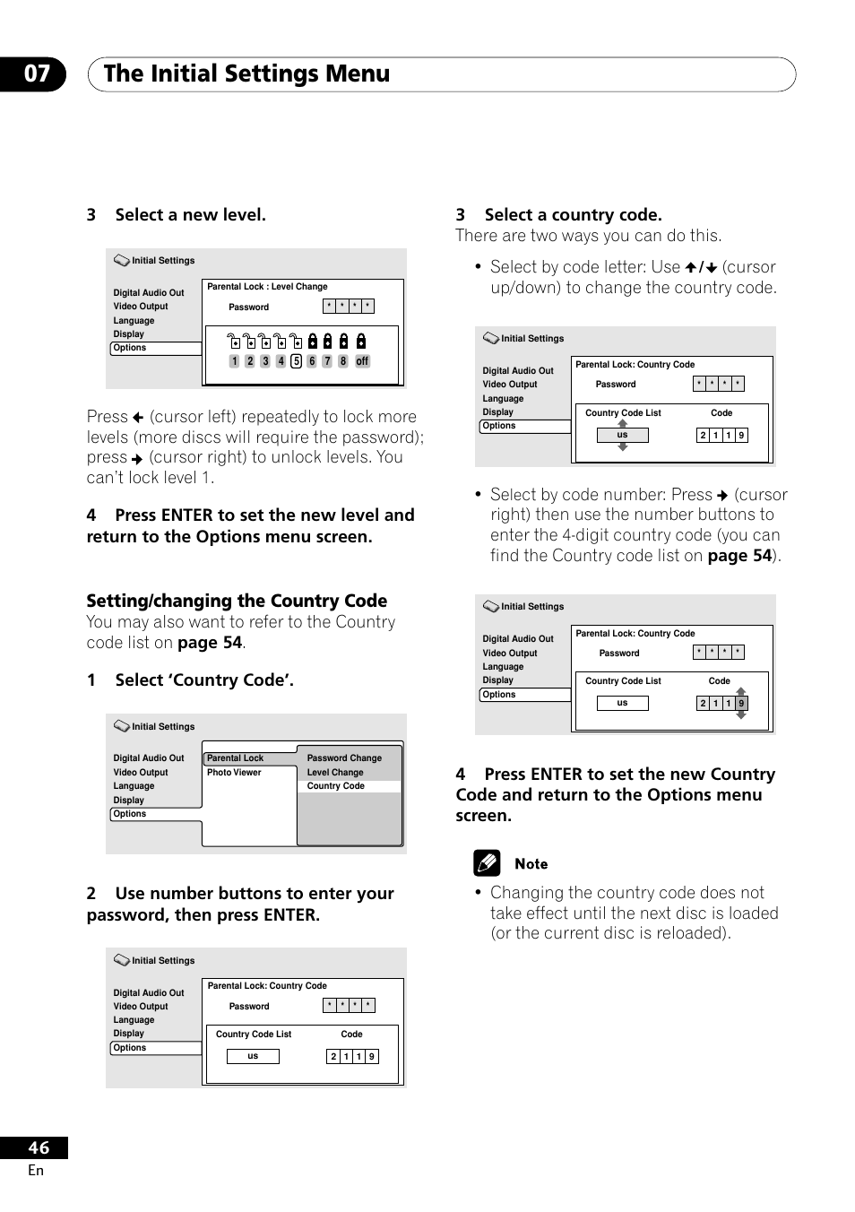 Setting/changing the country code, The initial settings menu 07, 3select a new level | Cursor up/down) to change the country code | Pioneer DV-400-S User Manual | Page 46 / 60