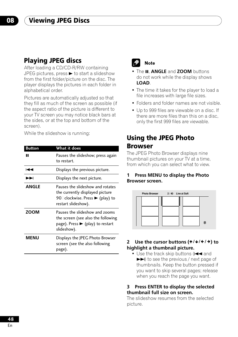 Playing jpeg discs using the jpeg photo browser, Viewing jpeg discs 08, Playing jpeg discs | Using the jpeg photo browser | Pioneer DV-400-S User Manual | Page 48 / 60