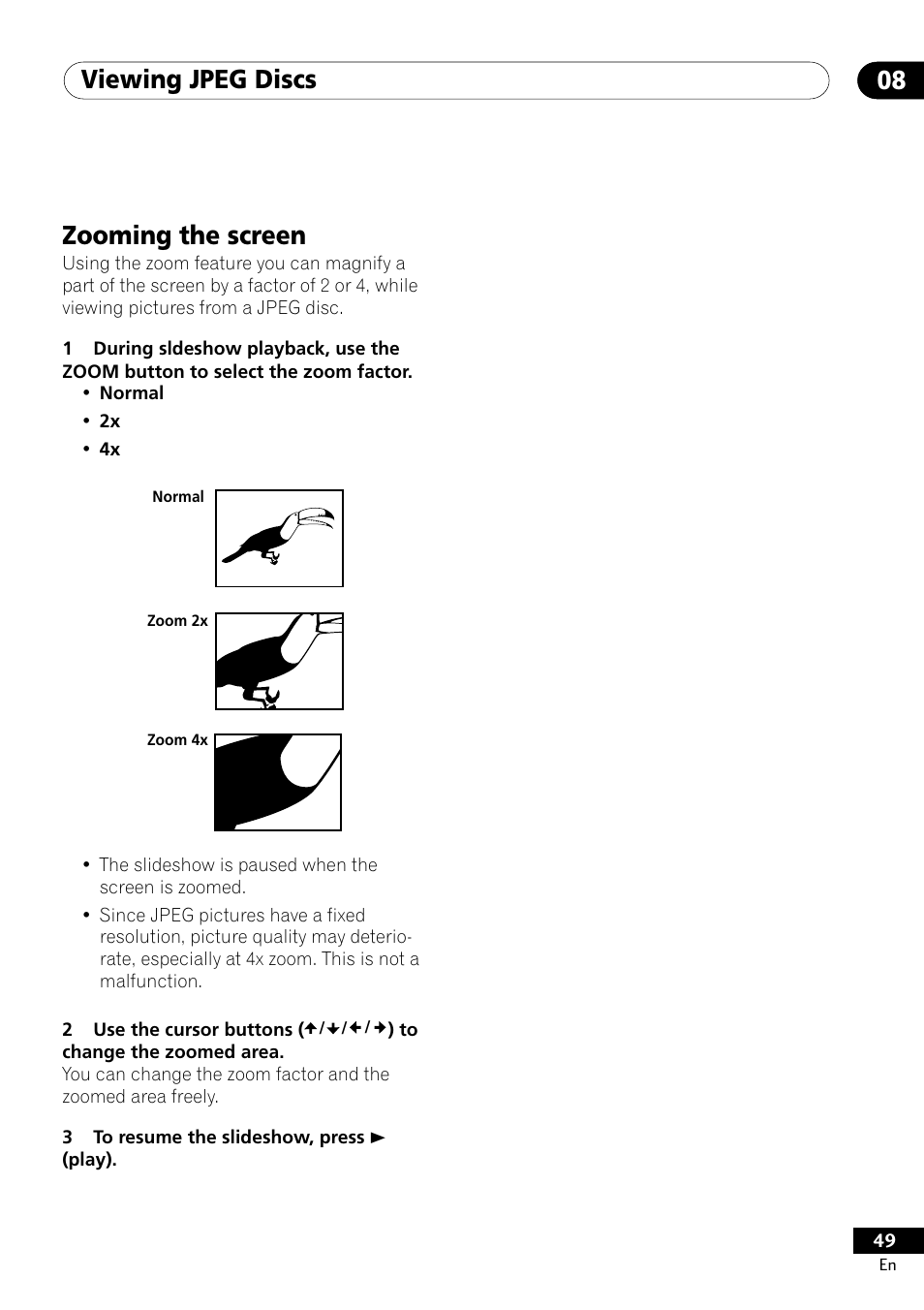 Zooming the screen, Viewing jpeg discs 08 | Pioneer DV-400-S User Manual | Page 49 / 60