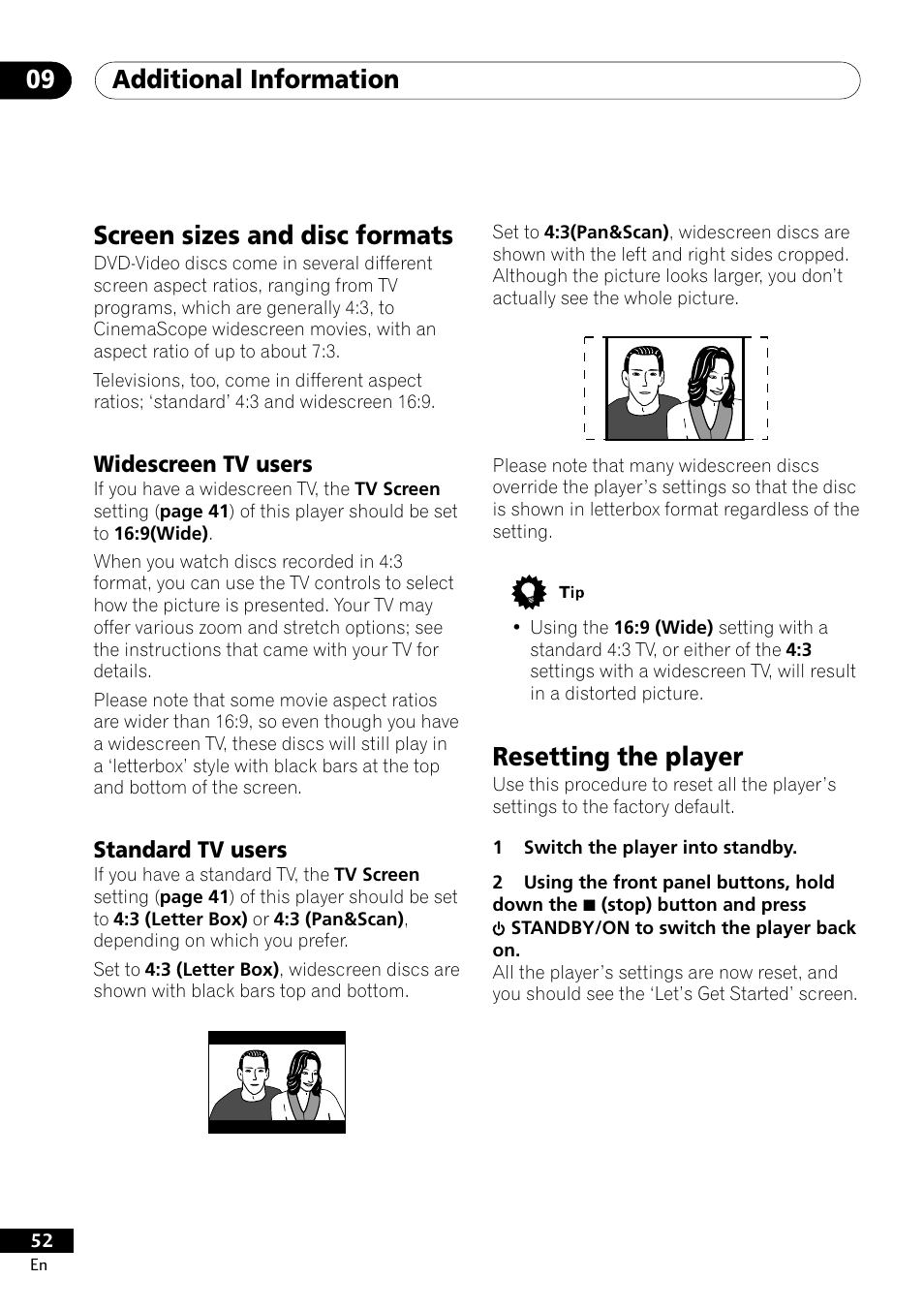 Screen sizes and disc formats, Widescreen tv users standard tv users, Resetting the player | Additional information 09 | Pioneer DV-400-S User Manual | Page 52 / 60