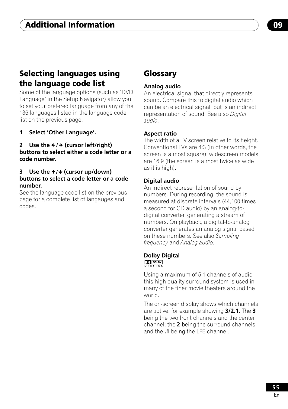 Additional information 09, Glossary, Selecting languages using the language code list | Pioneer DV-400-S User Manual | Page 55 / 60