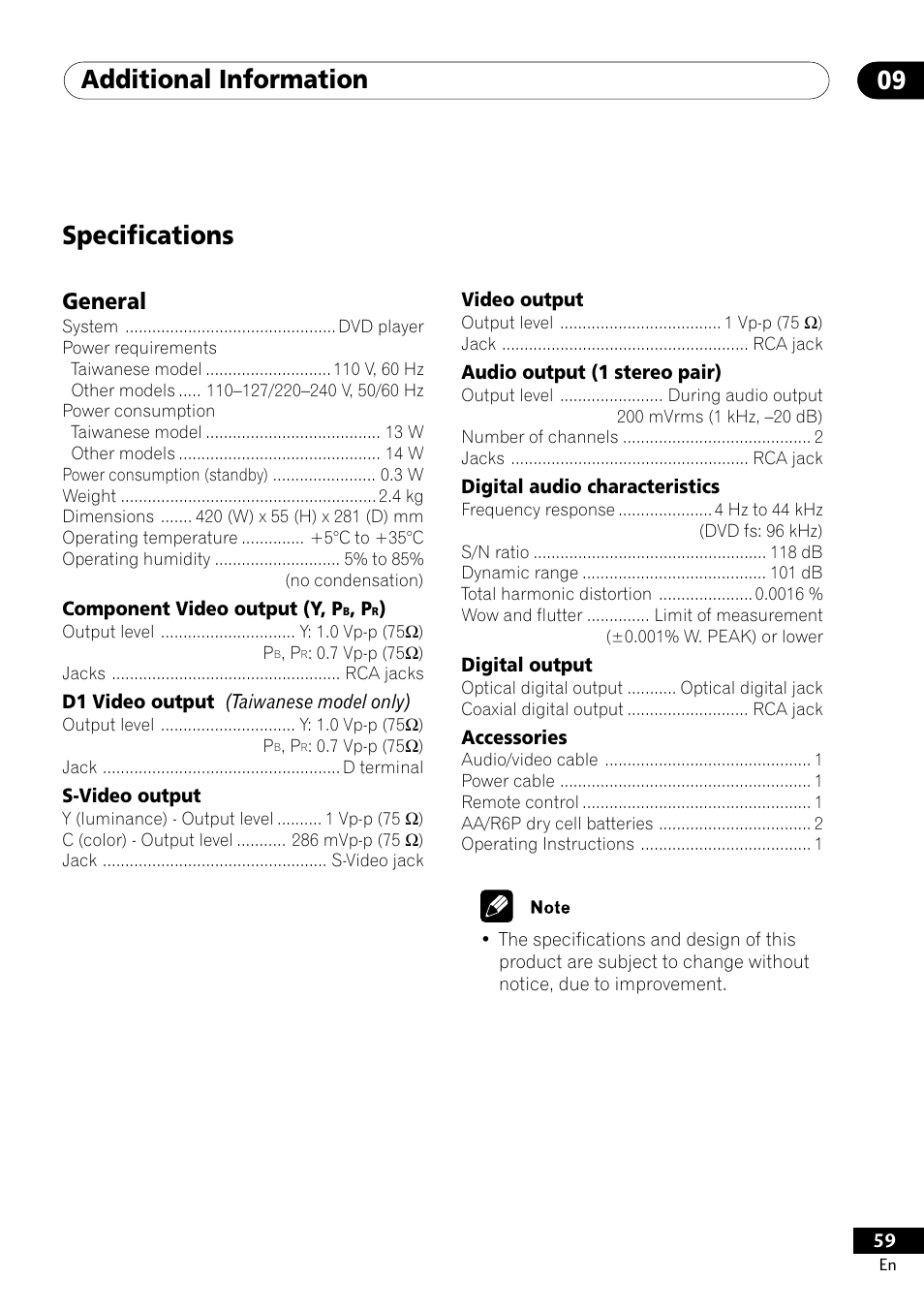 Specifications, Additional information 09, General | Pioneer DV-400-S User Manual | Page 59 / 60