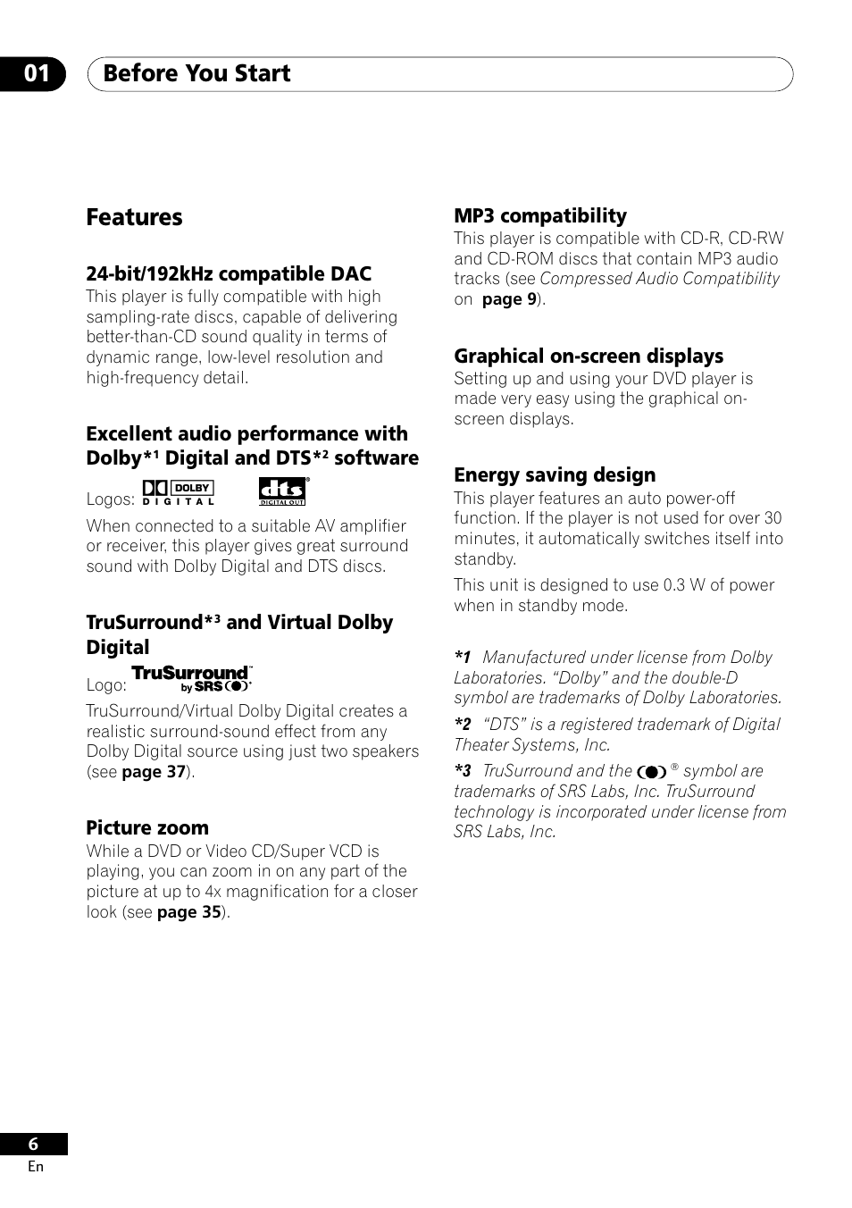 Features, Before you start 01 | Pioneer DV-400-S User Manual | Page 6 / 60