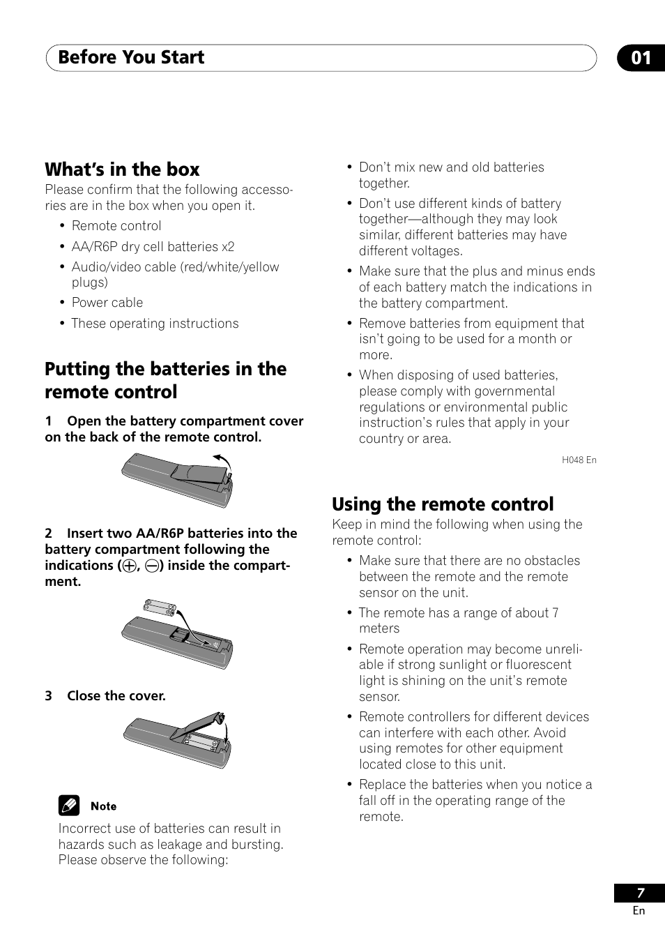 Before you start 01, Using the remote control, What’s in the box | Putting the batteries in the remote control | Pioneer DV-400-S User Manual | Page 7 / 60