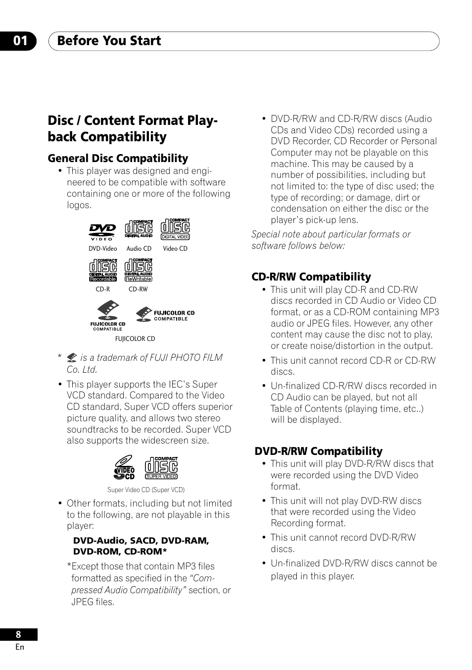 Disc / content format playback compatibility, Before you start 01, Disc / content format play- back compatibility | Pioneer DV-400-S User Manual | Page 8 / 60
