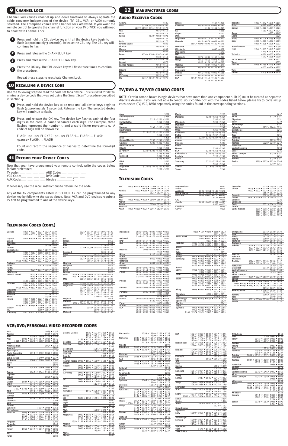 Manufacturer codes, Channel lock, Recalling a device code | Pioneer 3000 User Manual | Page 2 / 2