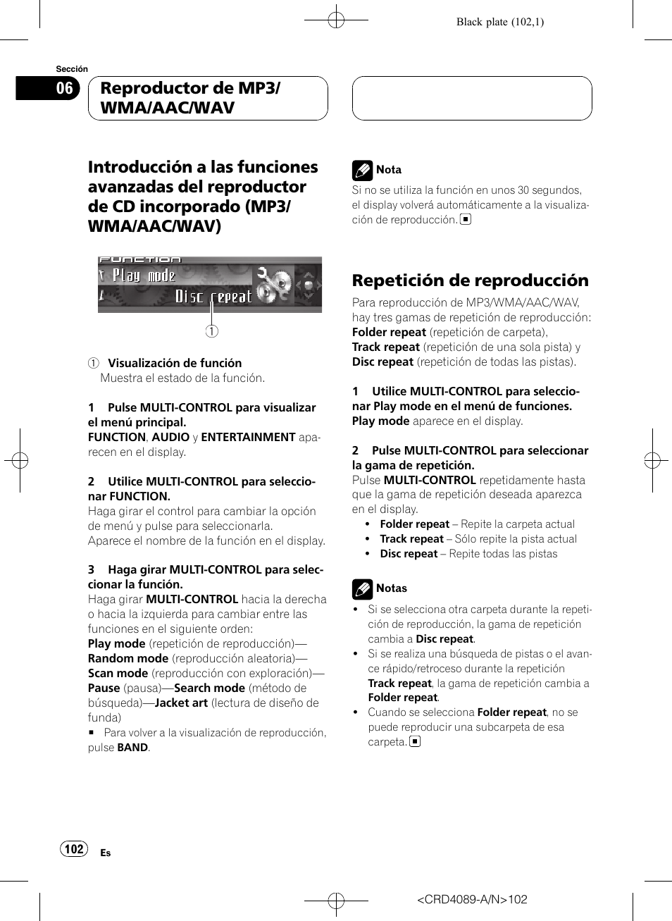 Introducción a las funciones avanzadas del, Reproductor de cd incorporado (mp3/ wma/aac/wav), Repetición de reproducción | Reproductor de mp3/ wma/aac/wav | Pioneer SUPER TUNER III D DEH-P8850MP User Manual | Page 102 / 164