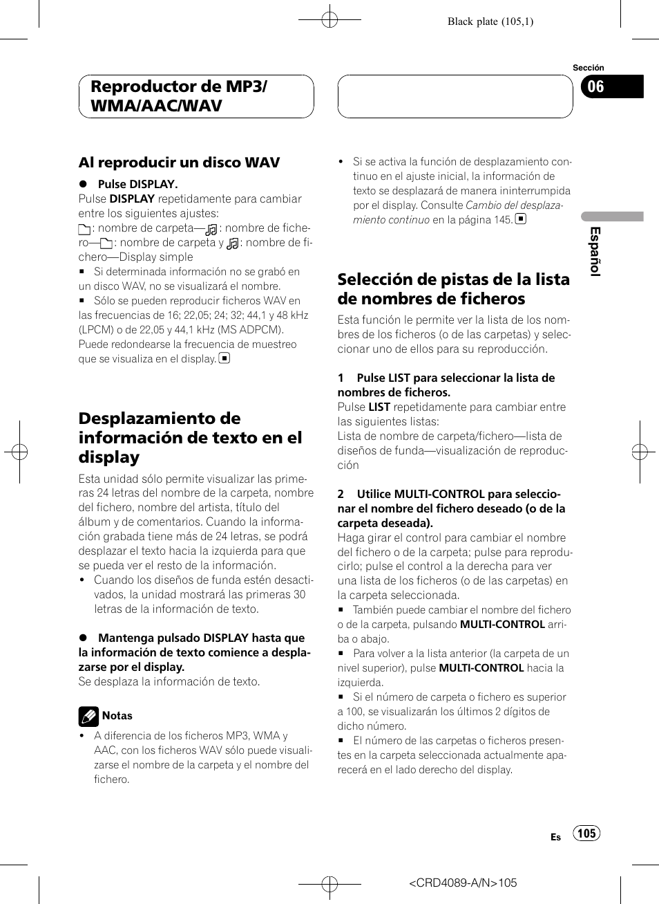 Al reproducir un disco wav 105, Desplazamiento de información de texto en, El display | Selección de pistas de la lista de nombres de, Ficheros, Reproductor de mp3/ wma/aac/wav, Al reproducir un disco wav | Pioneer SUPER TUNER III D DEH-P8850MP User Manual | Page 105 / 164