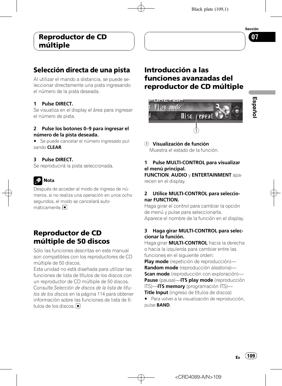 Selección directa de una pista, Reproductor de cd múltiple de 50, Discos | Introducción a las funciones avanzadas del, Reproductor de cd múltiple, Reproductor de cd múltiple de 50 discos | Pioneer SUPER TUNER III D DEH-P8850MP User Manual | Page 109 / 164