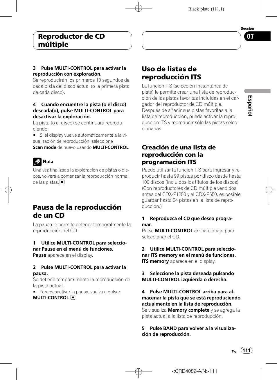 Pausa de la reproducción de un cd, Uso de listas de reproducción its, Creación de una lista de reproducción | Con la programación its, Reproductor de cd múltiple | Pioneer SUPER TUNER III D DEH-P8850MP User Manual | Page 111 / 164