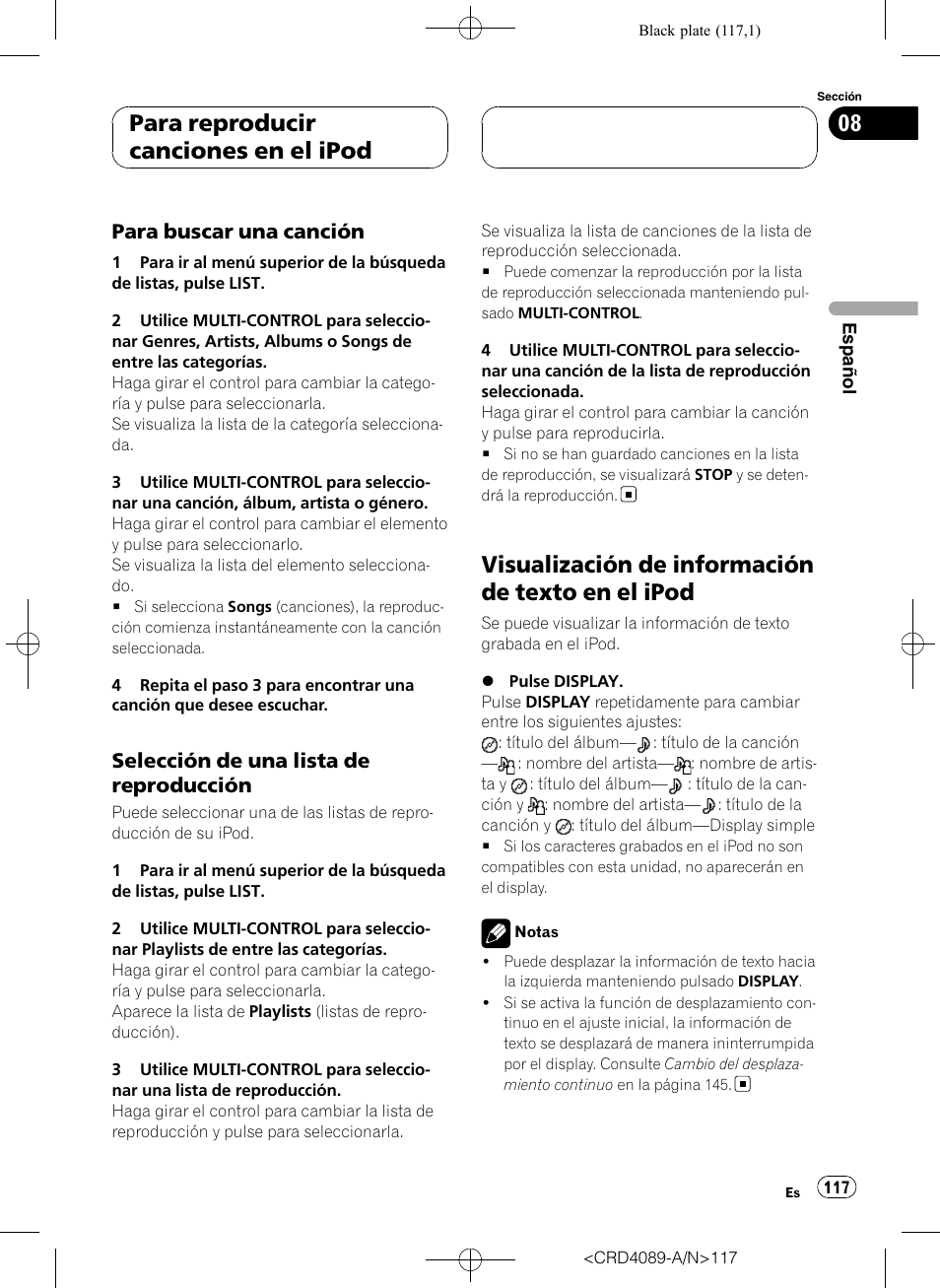 Para buscar una canción 117, Selección de una lista de, Reproducción | Visualización de información de texto en el, Ipod, Visualización de información de texto en el ipod, Para reproducir canciones en el ipod, Para buscar una canción, Selección de una lista de reproducción | Pioneer SUPER TUNER III D DEH-P8850MP User Manual | Page 117 / 164