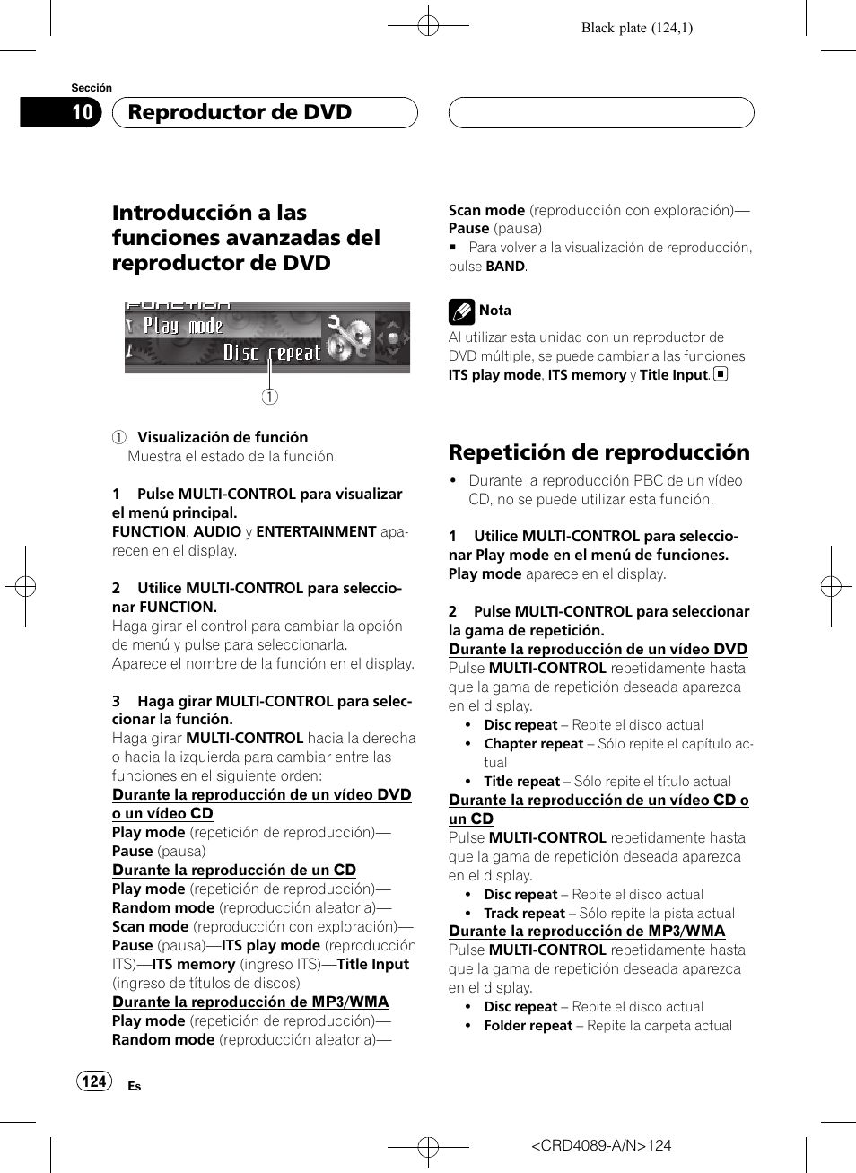 Introducción a las funciones avanzadas del, Reproductor de dvd, Repetición de reproducción | Pioneer SUPER TUNER III D DEH-P8850MP User Manual | Page 124 / 164