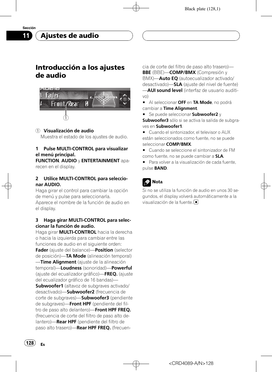 Introducción a los ajustes de audio, Ajustes de audio | Pioneer SUPER TUNER III D DEH-P8850MP User Manual | Page 128 / 164