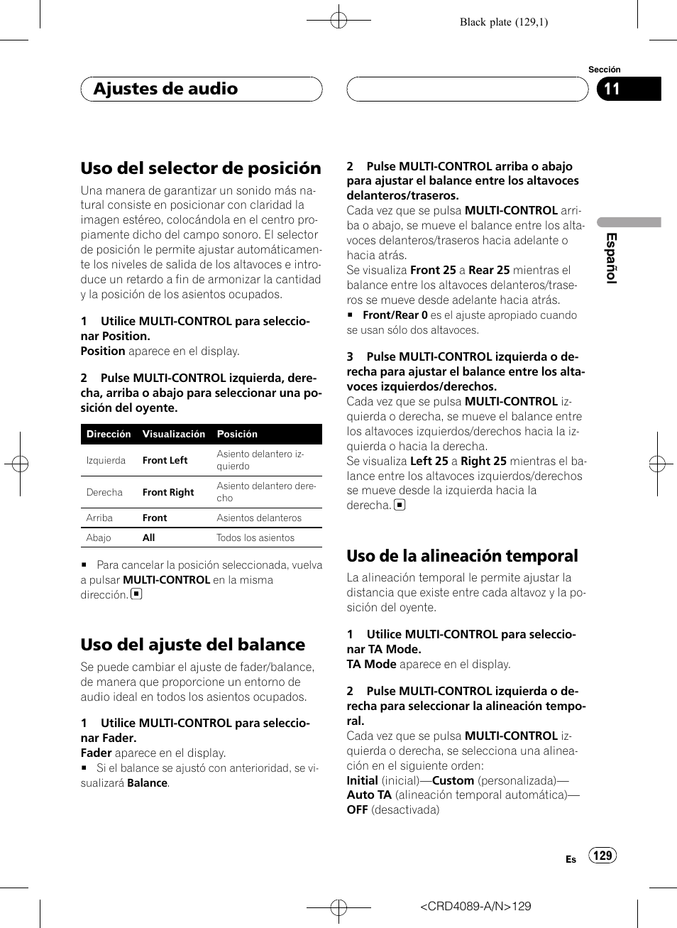 Uso del selector de posición, Uso del ajuste del balance, Uso de la alineación temporal | Ajustes de audio | Pioneer SUPER TUNER III D DEH-P8850MP User Manual | Page 129 / 164