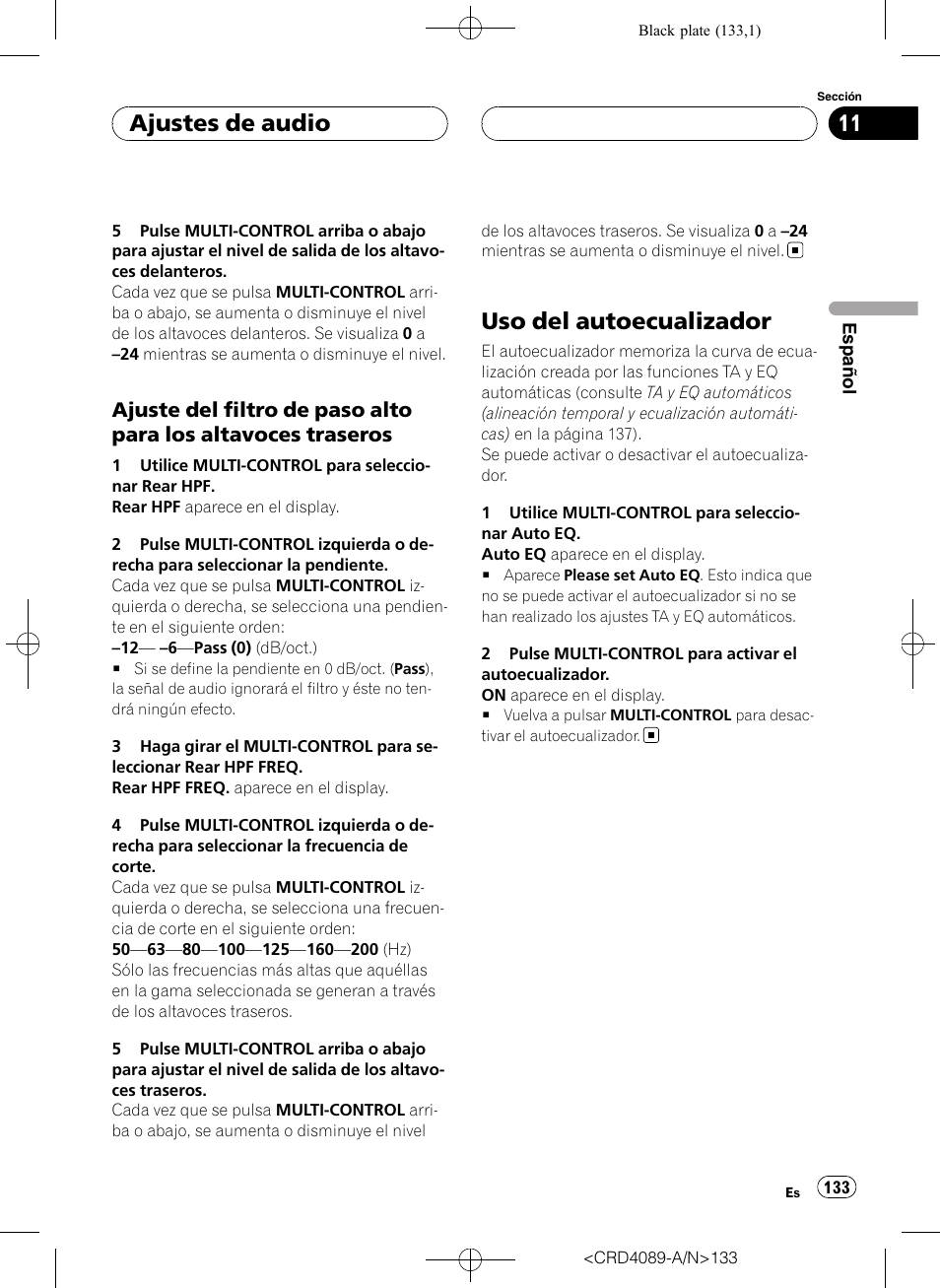 Ajuste del filtro de paso alto para los, Altavoces traseros, Uso del autoecualizador | Ajuste del filtro de paso alto para los altavo, Ces traseros, Ajustes de audio | Pioneer SUPER TUNER III D DEH-P8850MP User Manual | Page 133 / 164