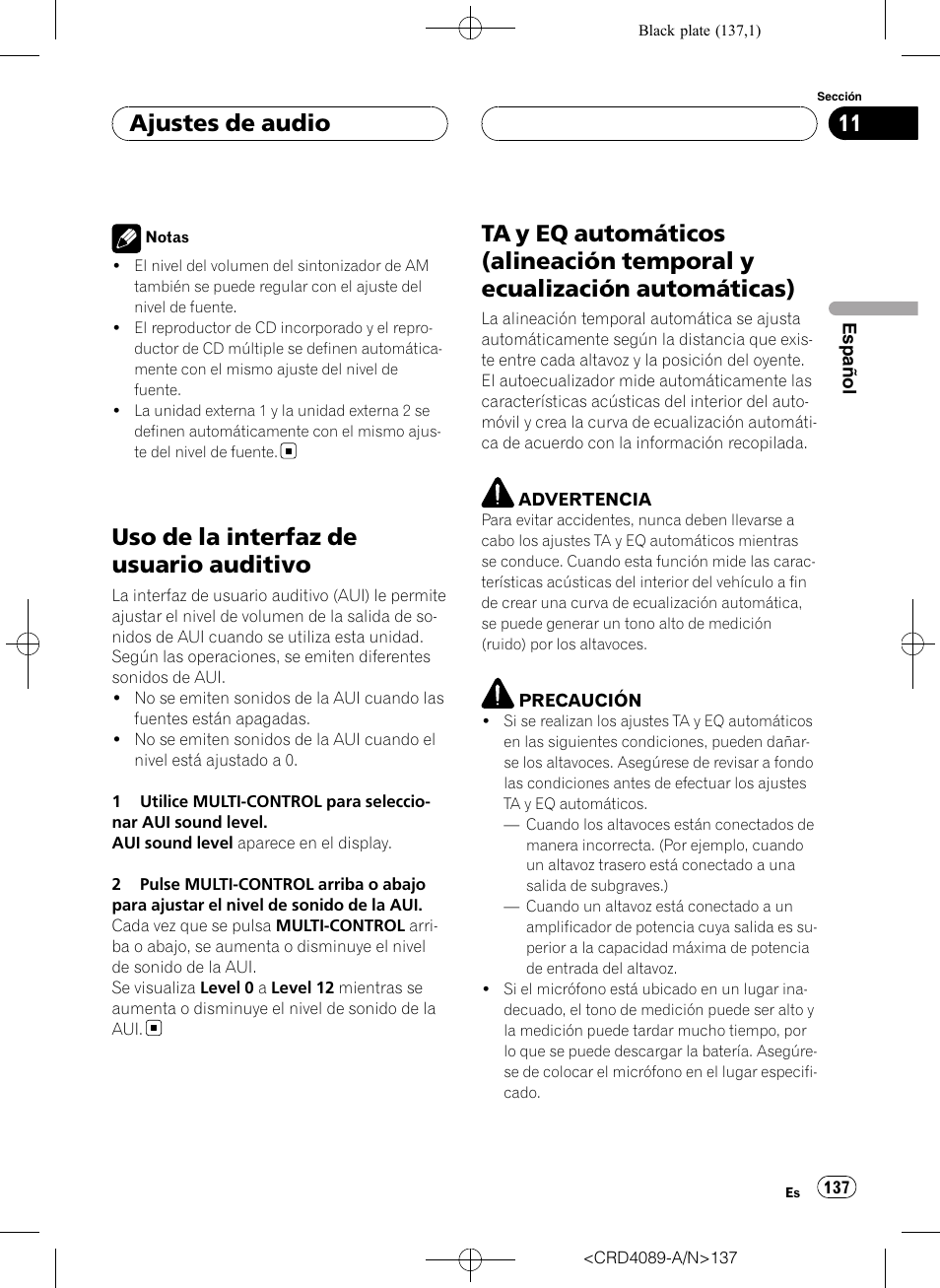 Uso de la interfaz de usuario auditivo, Ta y eq automáticos (alineación temporal y, Ecualización automáticas) | Ajustes de audio | Pioneer SUPER TUNER III D DEH-P8850MP User Manual | Page 137 / 164