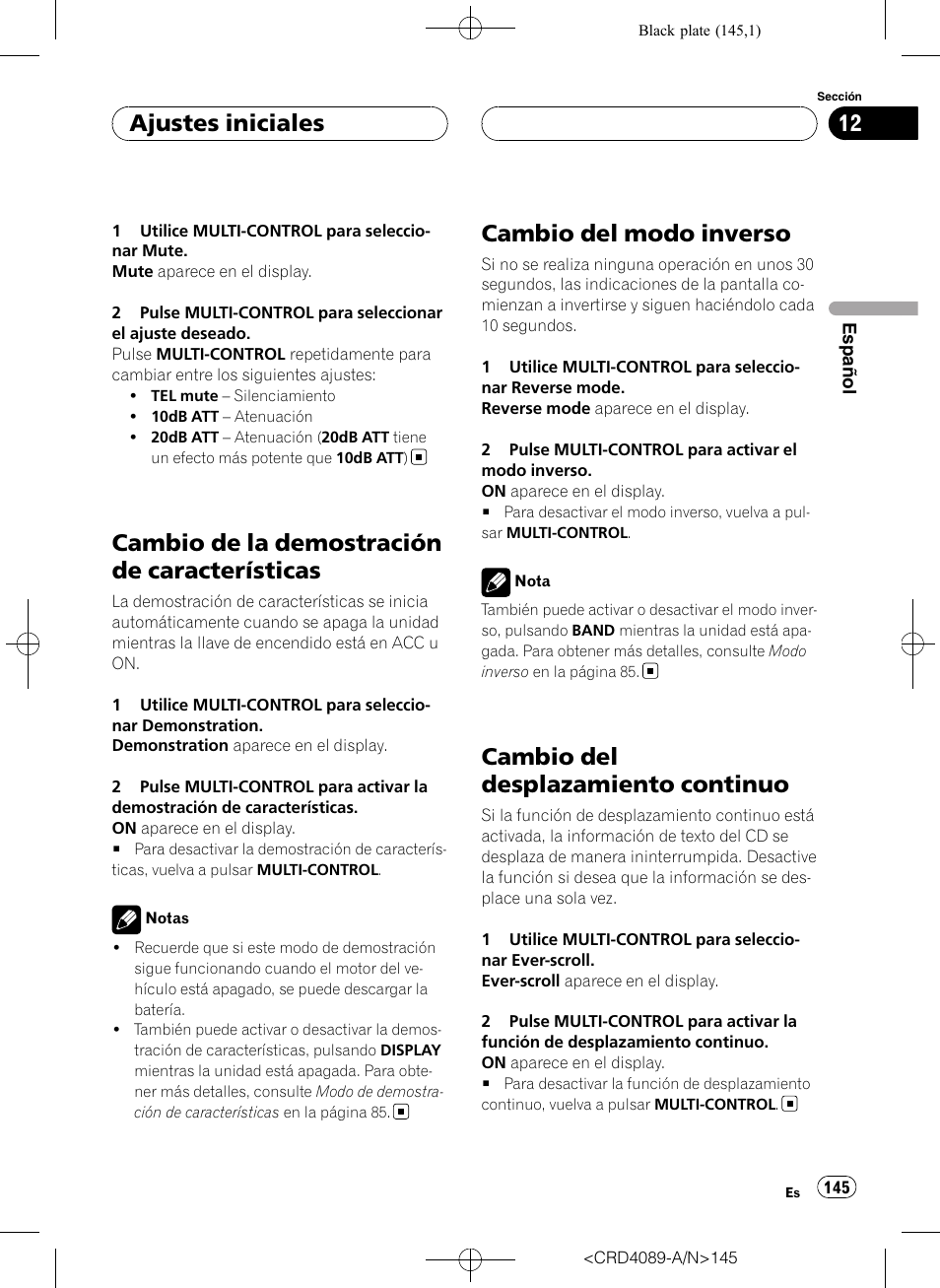 Cambio de la demostración de, Características, Cambio del modo inverso | Cambio del desplazamiento continuo, Cambio de la demostración de características, Ajustes iniciales | Pioneer SUPER TUNER III D DEH-P8850MP User Manual | Page 145 / 164