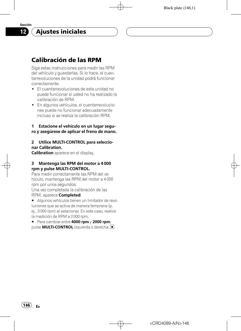 Calibración de las rpm, Ajustes iniciales | Pioneer SUPER TUNER III D DEH-P8850MP User Manual | Page 146 / 164