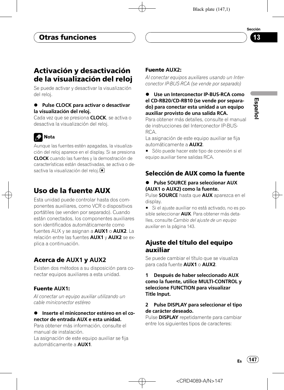 Del reloj, Uso de la fuente aux, Acerca de aux1 y aux2 147 | Selección de aux como la fuente 147, Ajuste del título del equipo, Auxiliar, Otras funciones | Pioneer SUPER TUNER III D DEH-P8850MP User Manual | Page 147 / 164
