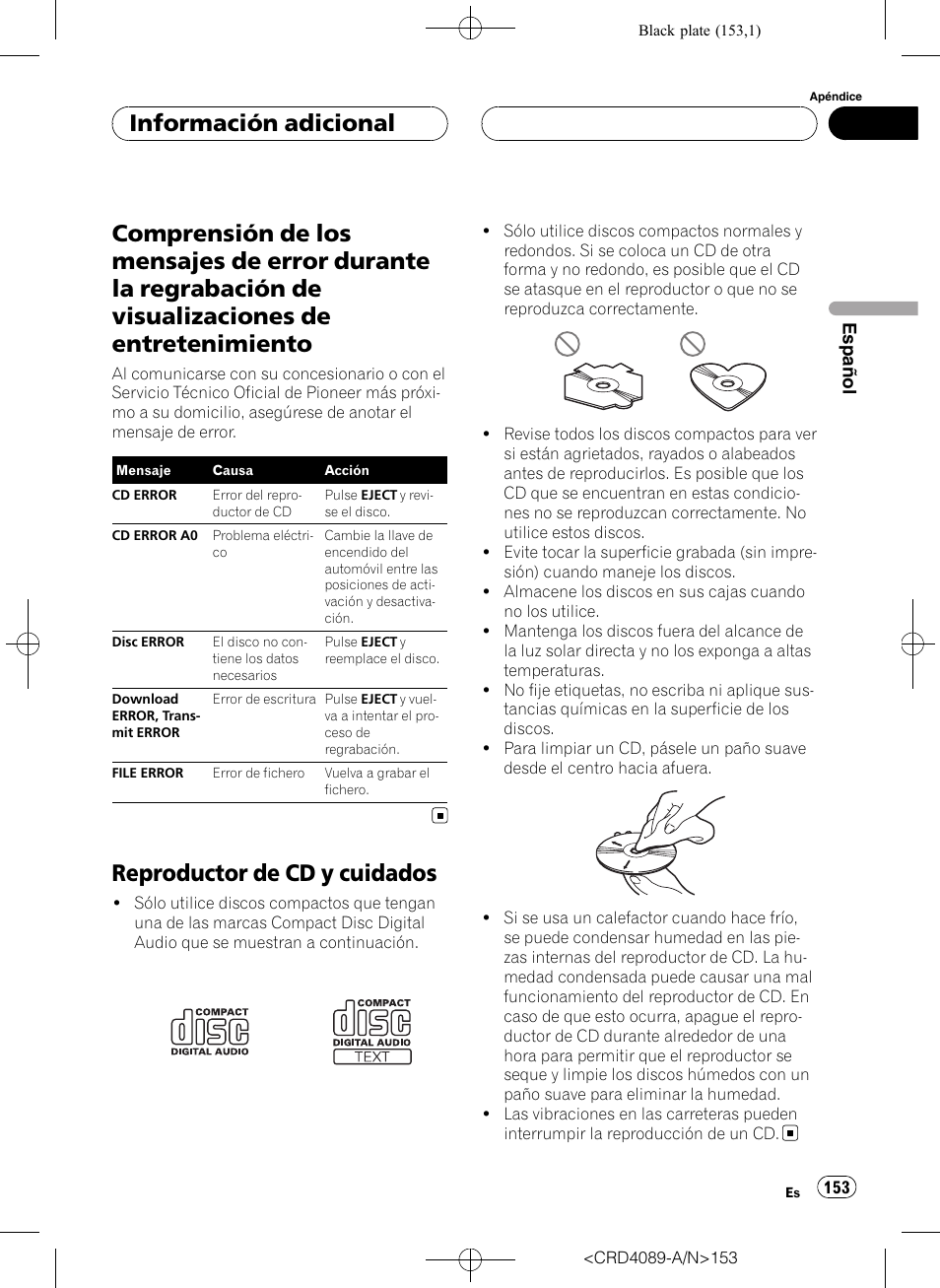 Comprensión de los mensajes de error, Reproductor de cd y cuidados, Información adicional | Pioneer SUPER TUNER III D DEH-P8850MP User Manual | Page 153 / 164