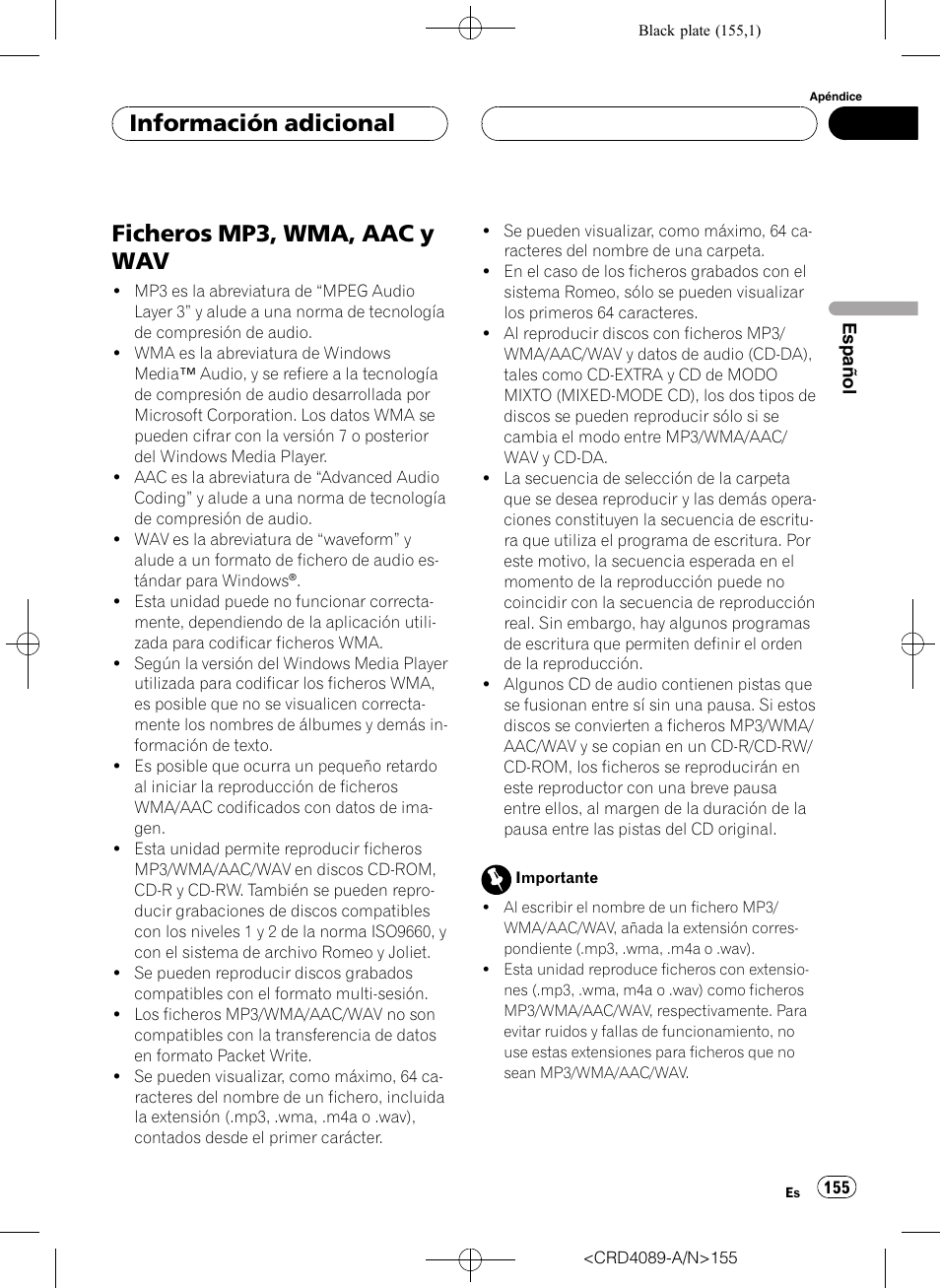 Ficheros mp3, wma, aac y wav, Información adicional | Pioneer SUPER TUNER III D DEH-P8850MP User Manual | Page 155 / 164