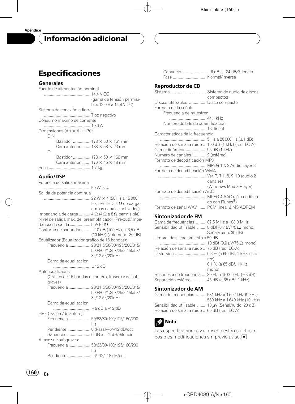 Especificaciones, Información adicional | Pioneer SUPER TUNER III D DEH-P8850MP User Manual | Page 160 / 164