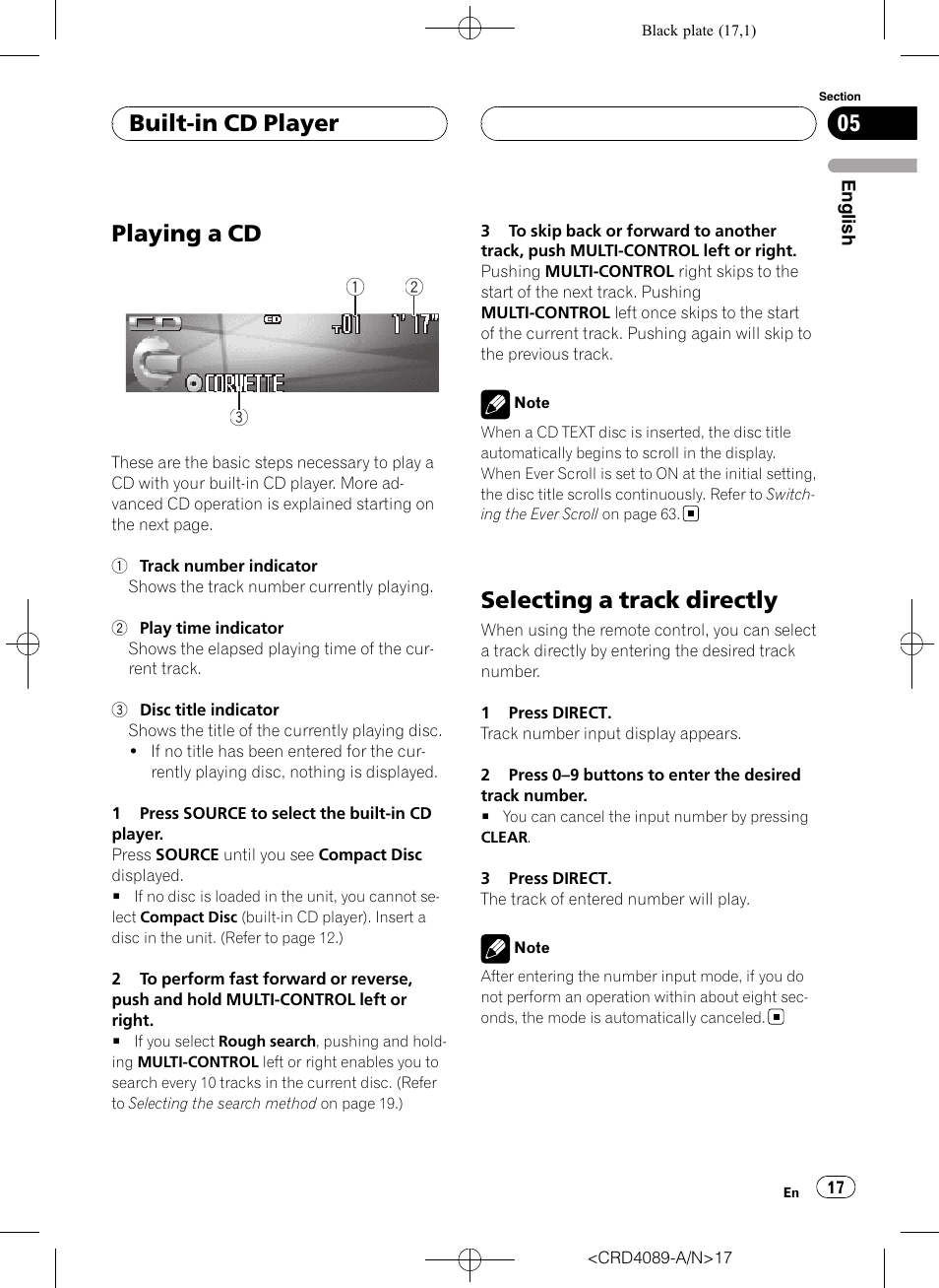 Built-in cd player playing a cd, Selecting a track directly, Playing a cd | Built-in cd player | Pioneer SUPER TUNER III D DEH-P8850MP User Manual | Page 17 / 164