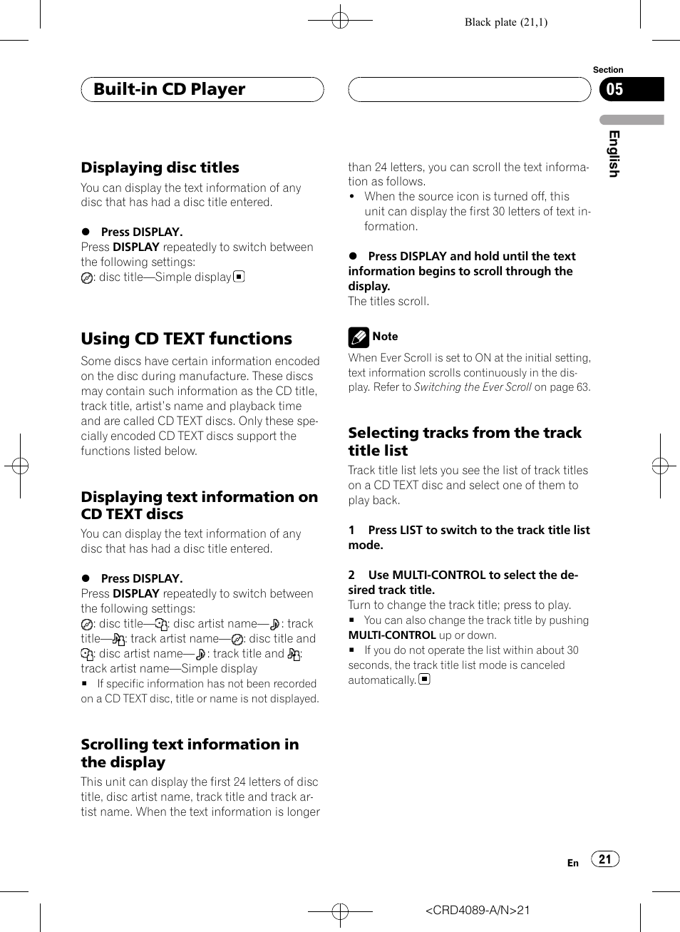 Displaying disc titles 21, Using cd text functions, Displaying text information on cd text | Discs, Scrolling text information in the, Display, Selecting tracks from the track title, List, Built-in cd player | Pioneer SUPER TUNER III D DEH-P8850MP User Manual | Page 21 / 164