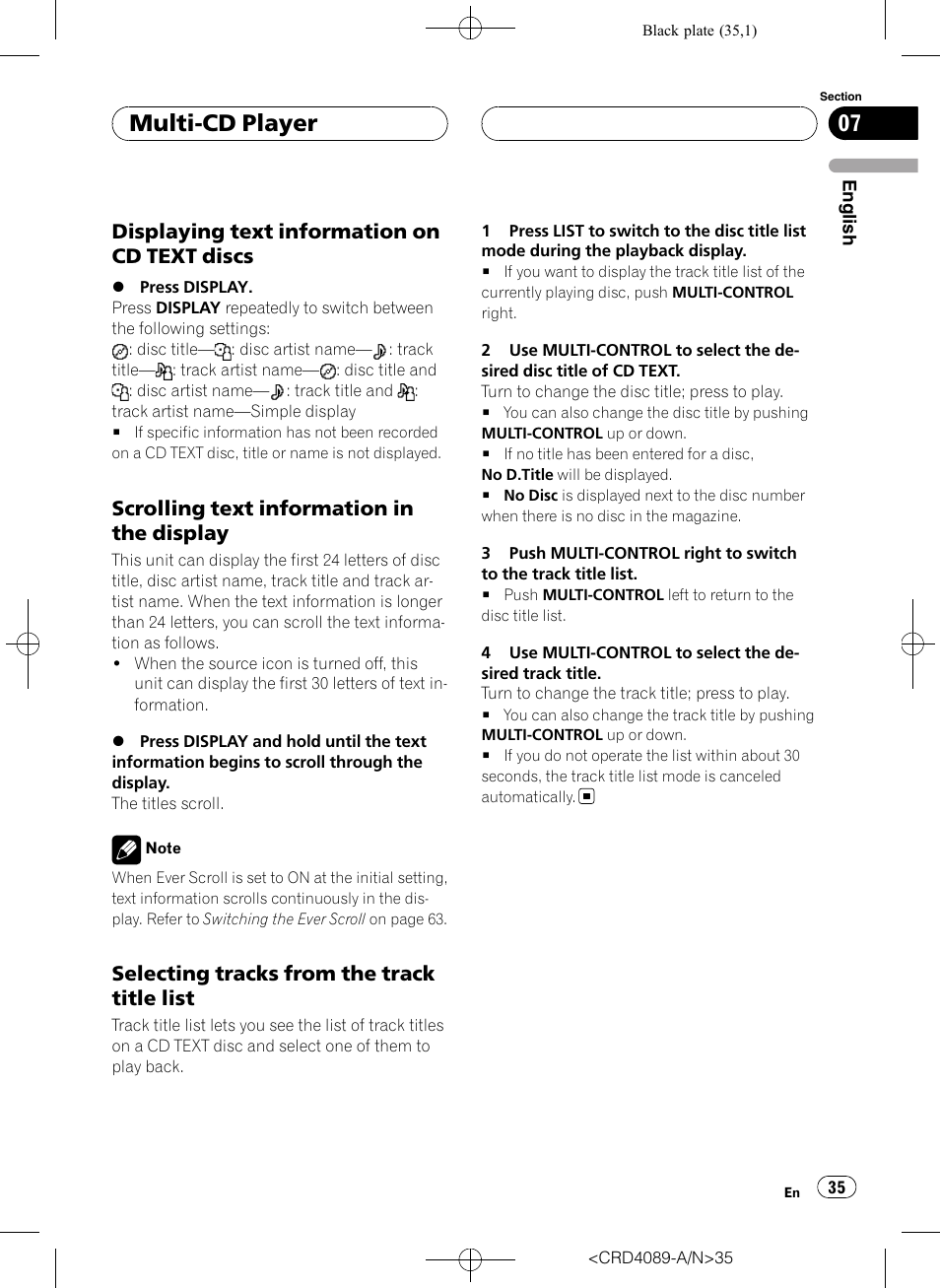 Displaying text information on cd text, Discs, Scrolling text information in the | Display, Selecting tracks from the track title, List, Multi-cd player, Displaying text information on cd text discs, Scrolling text information in the display, Selecting tracks from the track title list | Pioneer SUPER TUNER III D DEH-P8850MP User Manual | Page 35 / 164