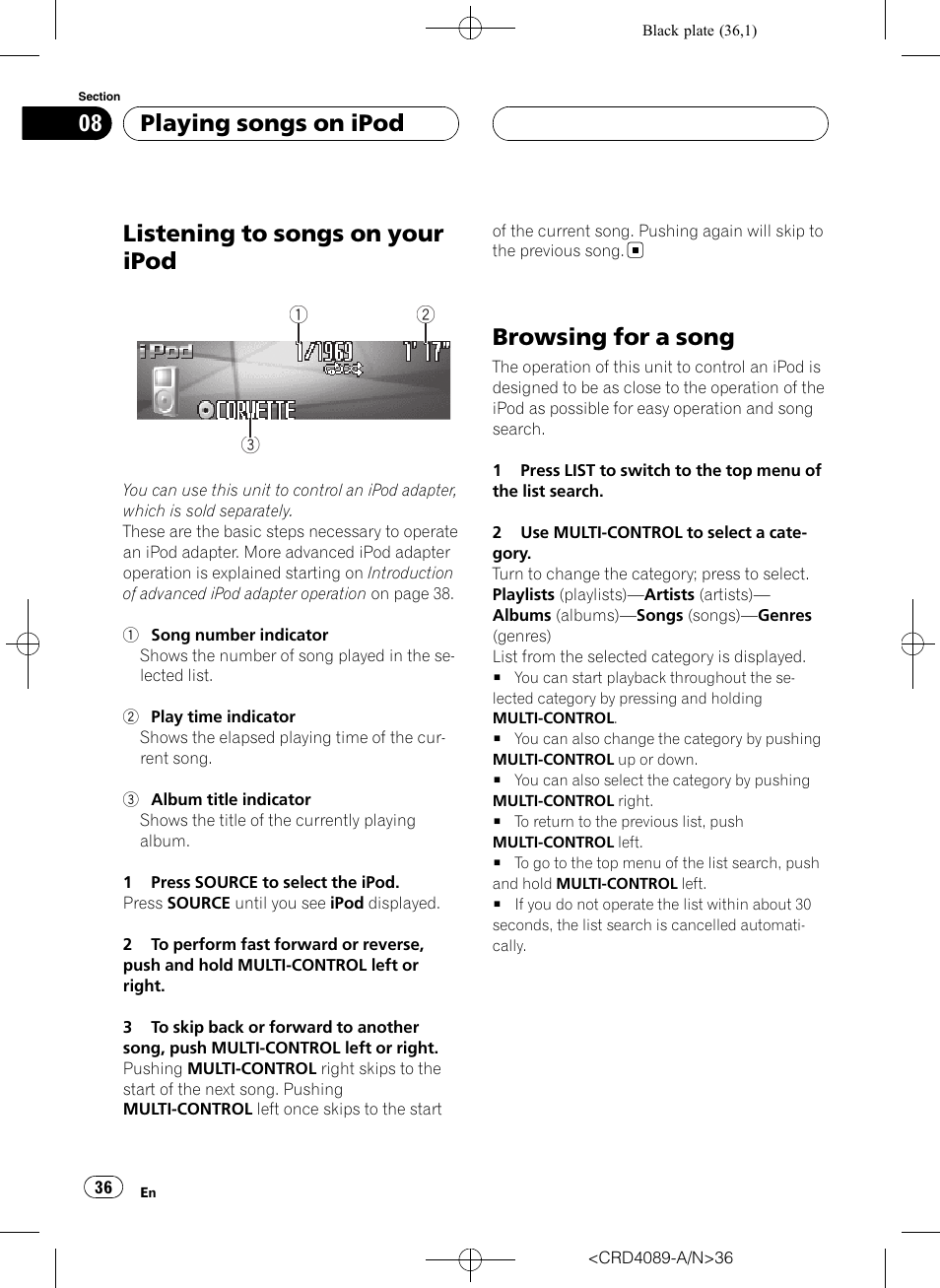 Browsing for a song, Listening to songs on your ipod, Playing songs on ipod | Pioneer SUPER TUNER III D DEH-P8850MP User Manual | Page 36 / 164