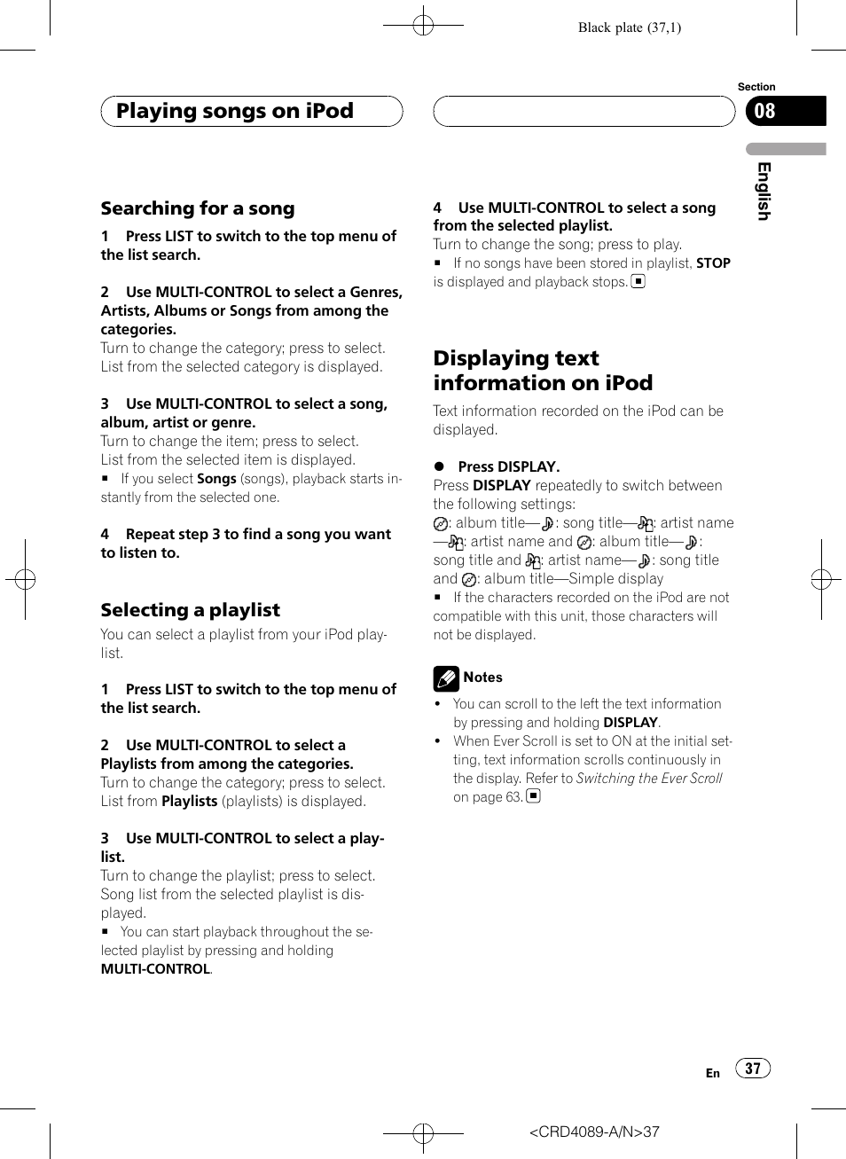 Searching for a song 37, Selecting a playlist 37, Displaying text information on ipod | Playing songs on ipod, Searching for a song, Selecting a playlist | Pioneer SUPER TUNER III D DEH-P8850MP User Manual | Page 37 / 164