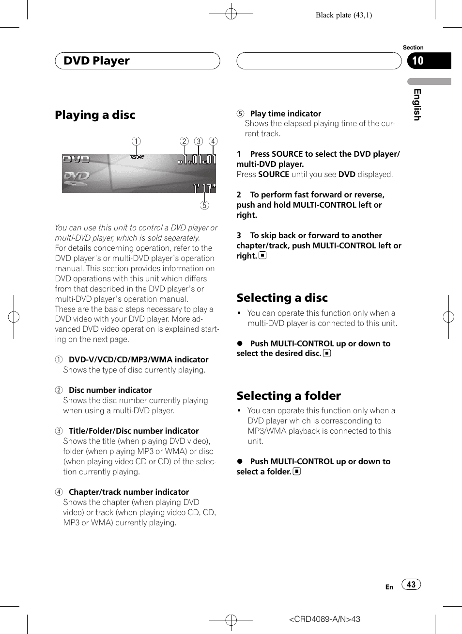 Dvd player playing a disc, Selecting a disc, Selecting a folder | Playing a disc, Dvd player | Pioneer SUPER TUNER III D DEH-P8850MP User Manual | Page 43 / 164