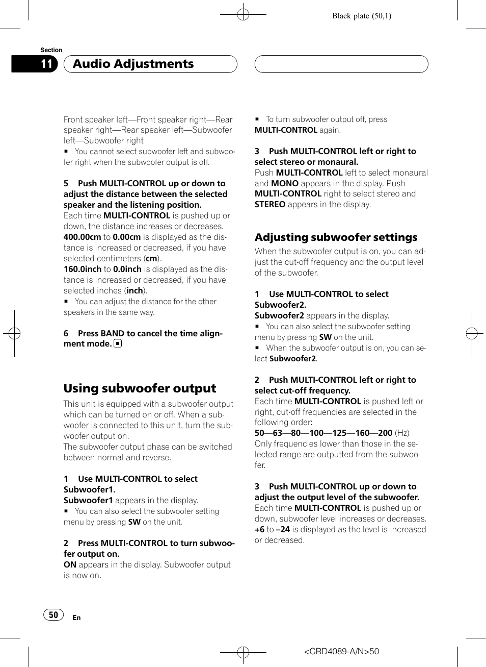 Using subwoofer output, Adjusting subwoofer settings 50, Adjusting subwoofer settings | Audio adjustments | Pioneer SUPER TUNER III D DEH-P8850MP User Manual | Page 50 / 164