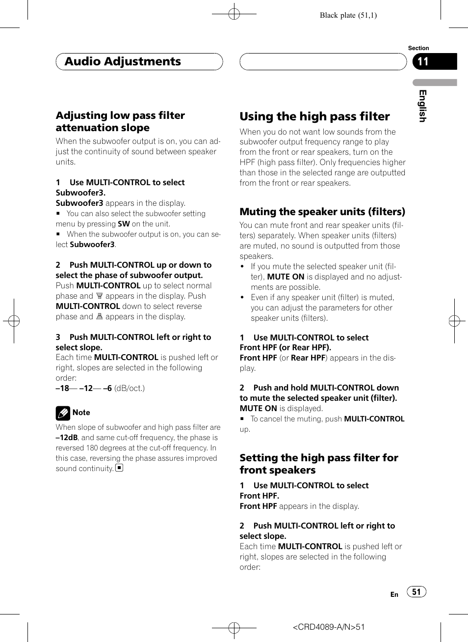 Adjusting low pass filter attenuation, Slope, Using the high pass filter | Muting the speaker units (filters) 51, Setting the high pass filter for front, Speakers, Adjusting low pass filter attenuation slope, Setting the high pass filter for front speakers, Audio adjustments, Muting the speaker units (filters) | Pioneer SUPER TUNER III D DEH-P8850MP User Manual | Page 51 / 164
