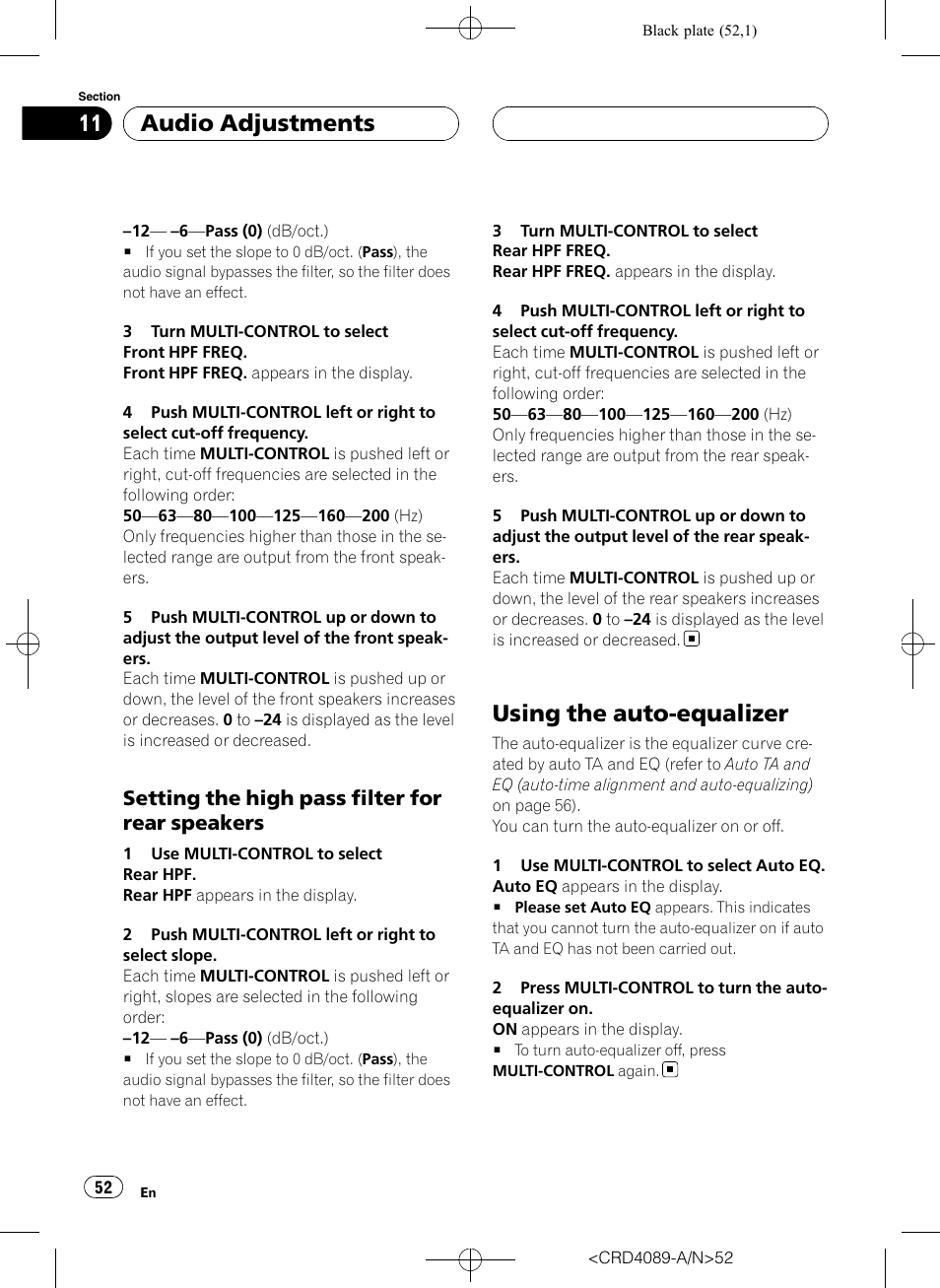 Setting the high pass filter for rear, Speakers, Using the auto-equalizer | Setting the high pass filter for rear speakers, Audio adjustments | Pioneer SUPER TUNER III D DEH-P8850MP User Manual | Page 52 / 164