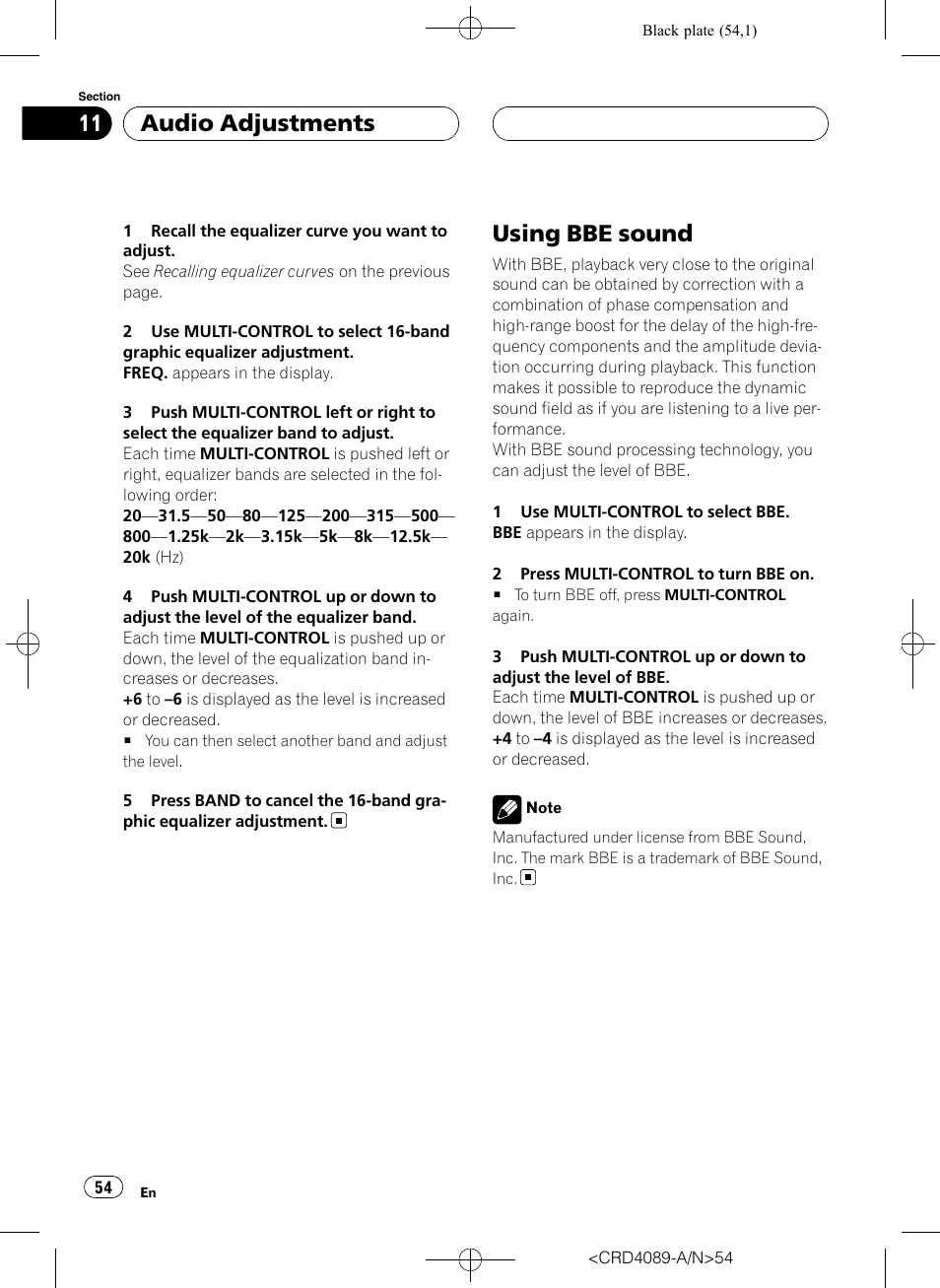 Using bbe sound, Audio adjustments | Pioneer SUPER TUNER III D DEH-P8850MP User Manual | Page 54 / 164