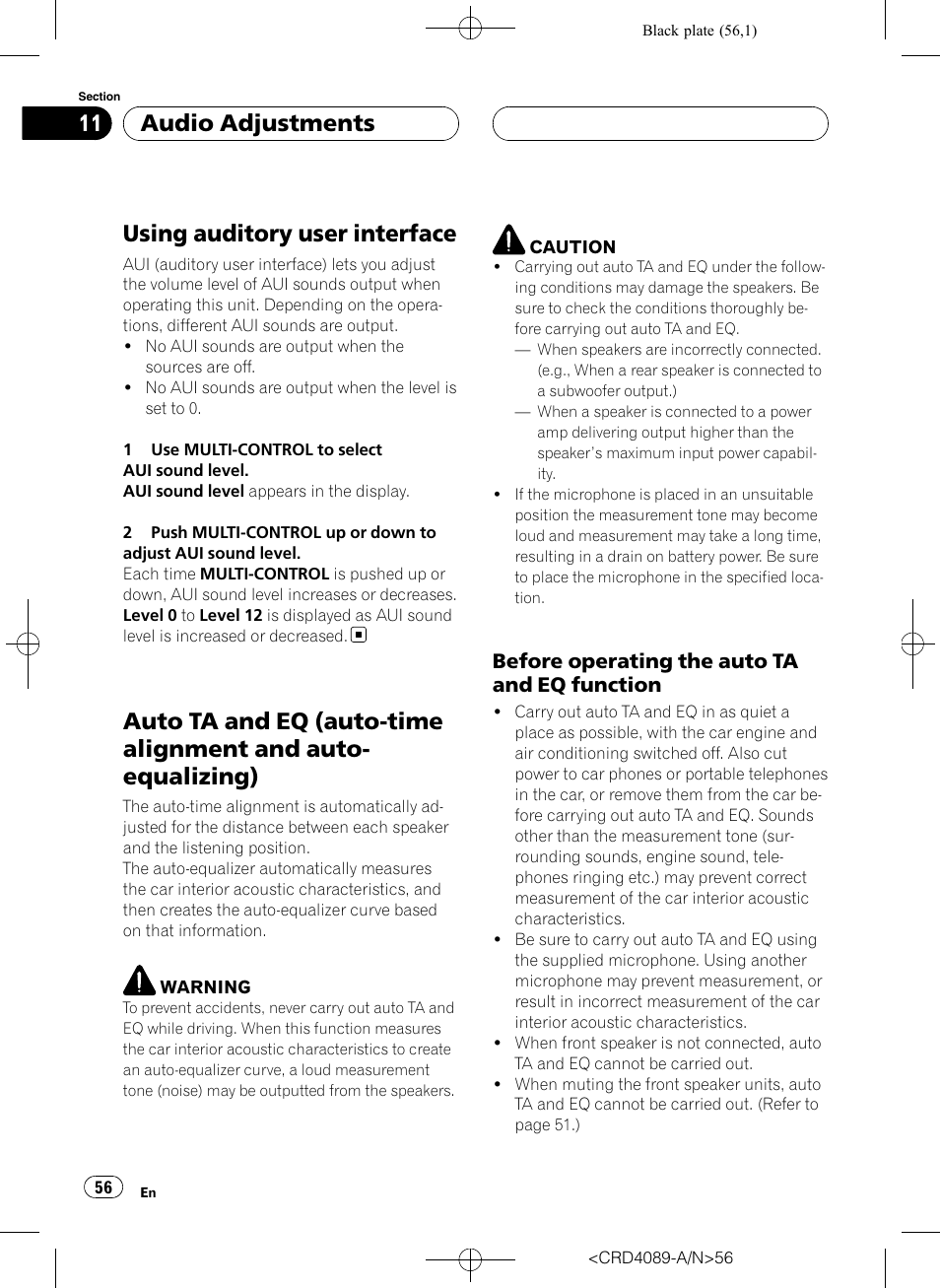 Using auditory user interface, Auto ta and eq (auto-time alignment and, Auto-equalizing) | Before operating the auto ta and eq, Function, Audio adjustments, Before operating the auto ta and eq function | Pioneer SUPER TUNER III D DEH-P8850MP User Manual | Page 56 / 164