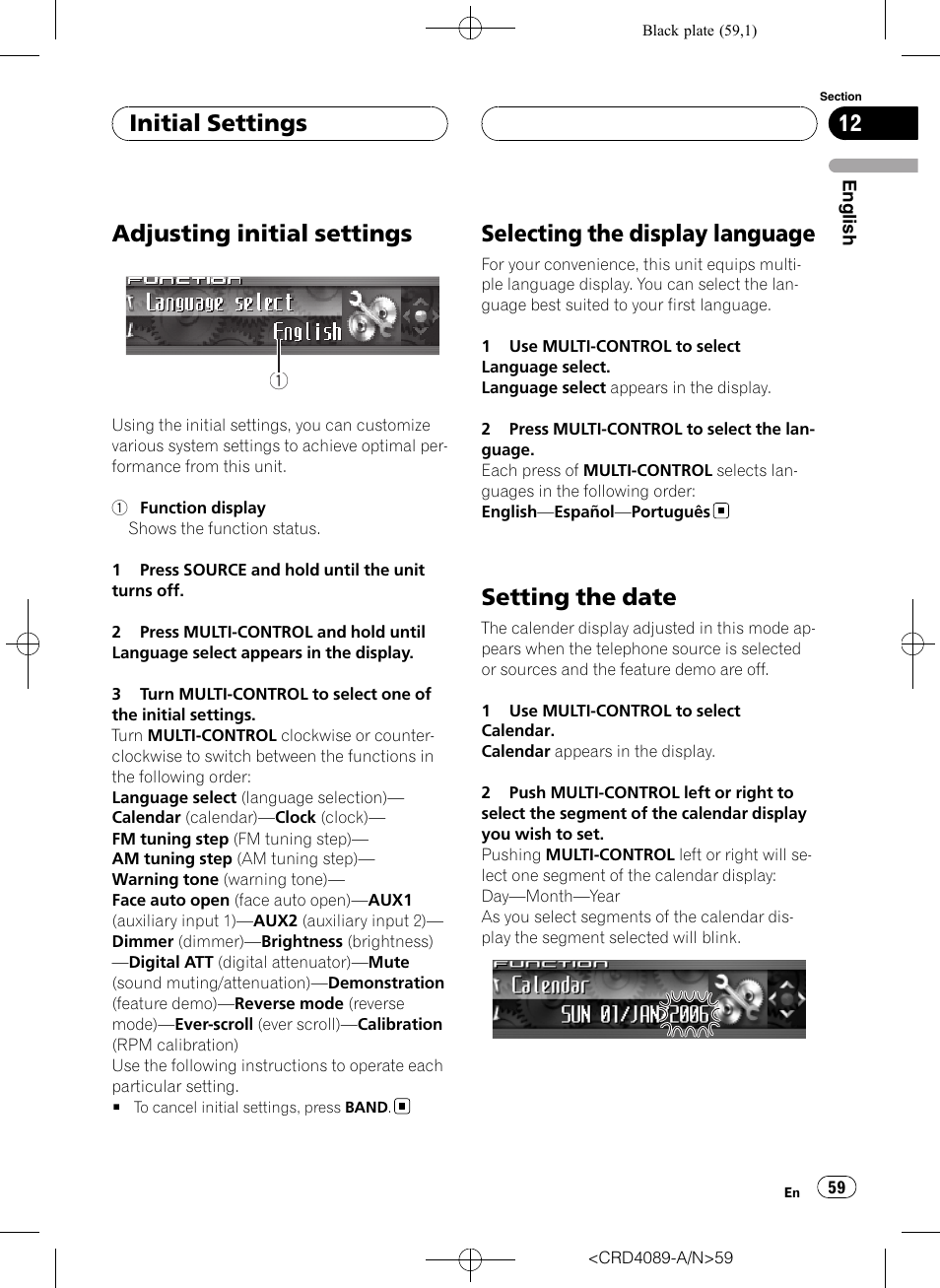 Initial settings adjusting initial settings, Selecting the display language, Setting the date | Adjusting initial settings, Initial settings | Pioneer SUPER TUNER III D DEH-P8850MP User Manual | Page 59 / 164