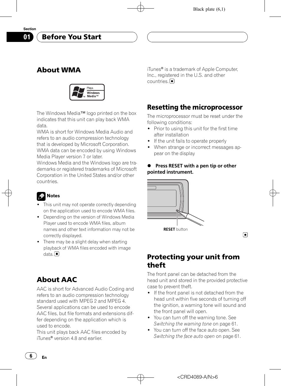 About wma, About aac, Resetting the microprocessor | Protecting your unit from theft, Before you start | Pioneer SUPER TUNER III D DEH-P8850MP User Manual | Page 6 / 164