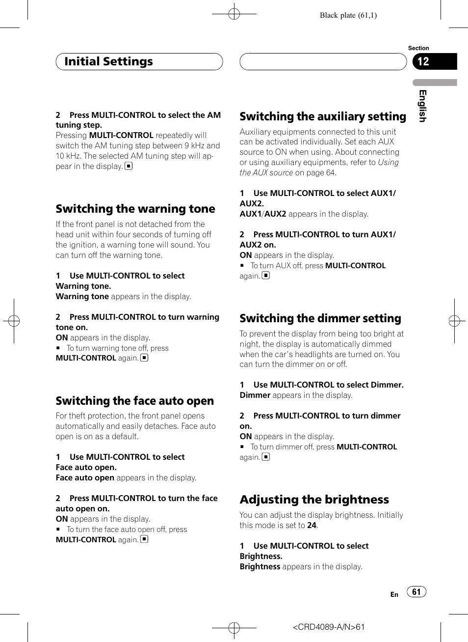 Switching the warning tone, Switching the face auto open, Switching the auxiliary setting | Switching the dimmer setting, Adjusting the brightness, Initial settings | Pioneer SUPER TUNER III D DEH-P8850MP User Manual | Page 61 / 164