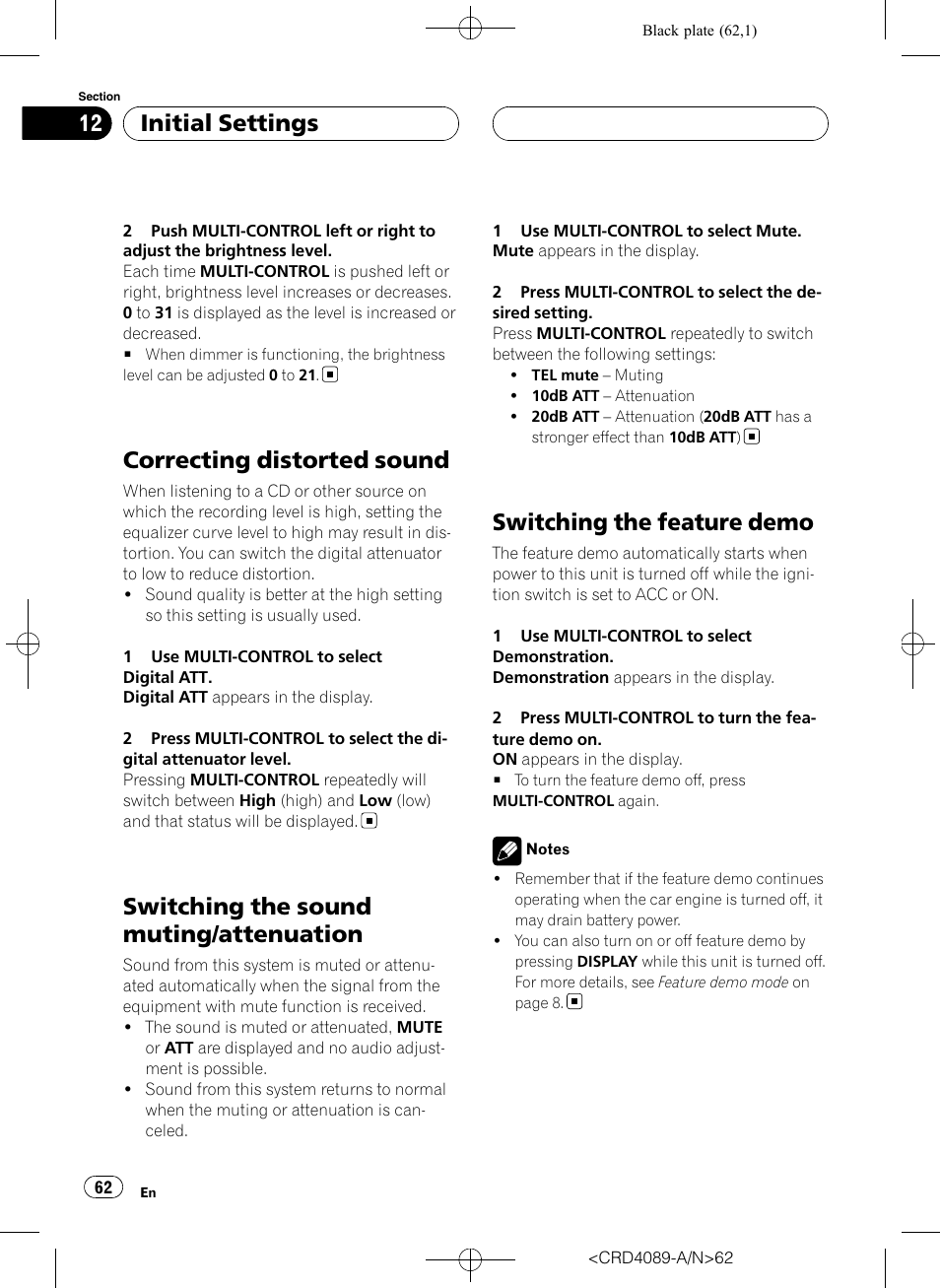 Correcting distorted sound, Switching the sound muting/attenuation, Switching the feature demo | Initial settings | Pioneer SUPER TUNER III D DEH-P8850MP User Manual | Page 62 / 164