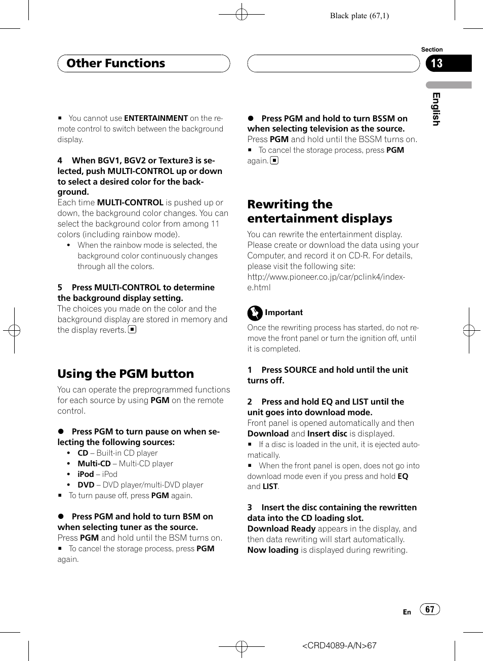 Using the pgm button, Rewriting the entertainment displays, Other functions | Pioneer SUPER TUNER III D DEH-P8850MP User Manual | Page 67 / 164
