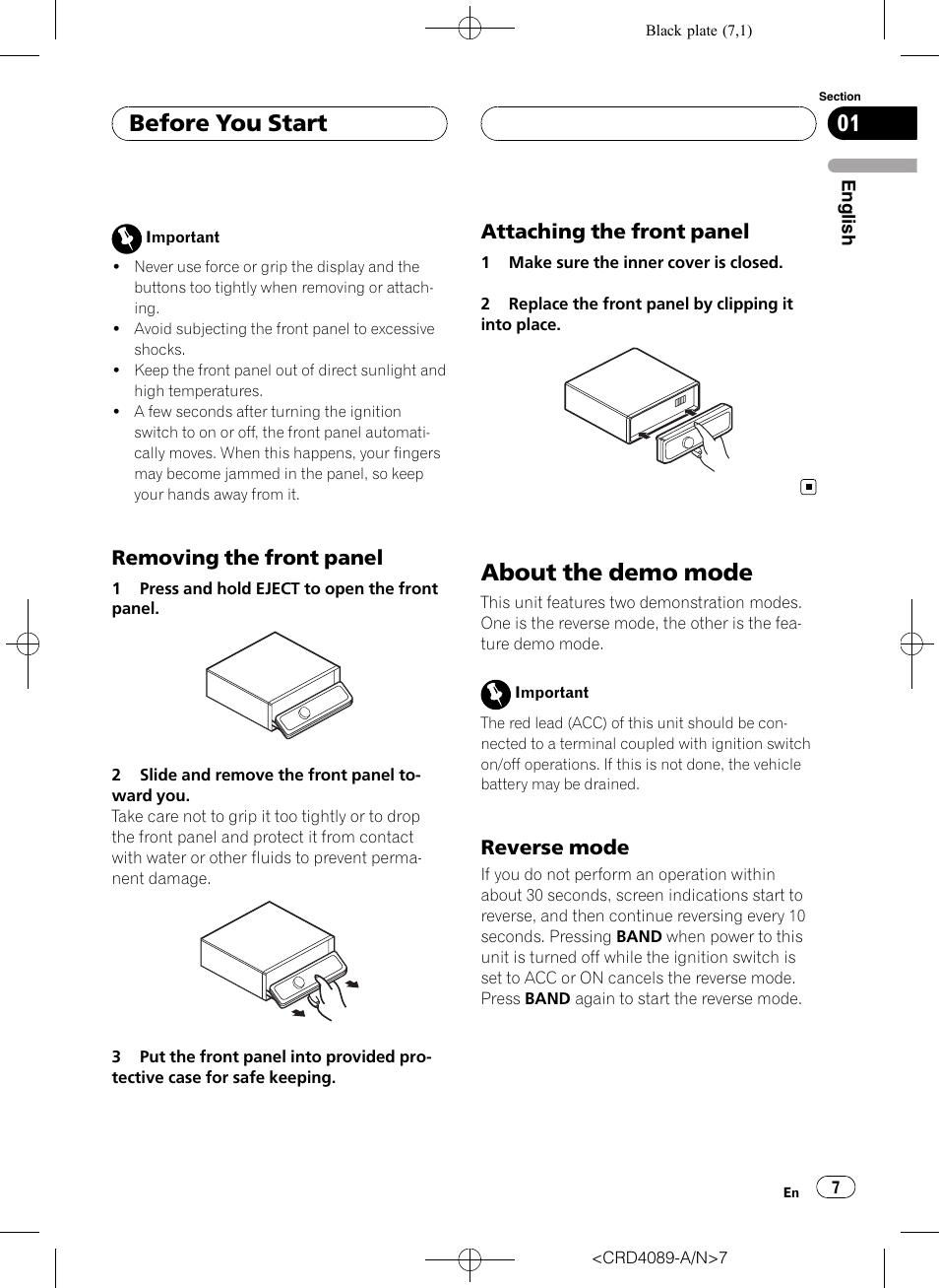 Removing the front panel 7, Attaching the front panel 7, About the demo mode | Reverse mode 7, Before you start, Removing the front panel, Attaching the front panel, Reverse mode | Pioneer SUPER TUNER III D DEH-P8850MP User Manual | Page 7 / 164
